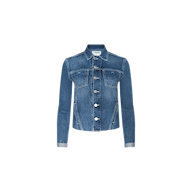 The Janelle Jean Jacket is a slim fit, medium wash denim jacket featuring long sleeves, front buttons, two chest pockets with flaps, and a classic collar, displayed on a plain white background.