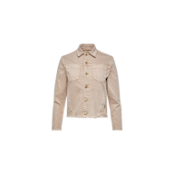 The Janelle Jean Jacket is an oatmeal beige denim jacket with a feminine fit, featuring button closure, two chest pockets, long sleeves, and a slightly frayed hem crafted from stretch denim, displayed against a plain white background.