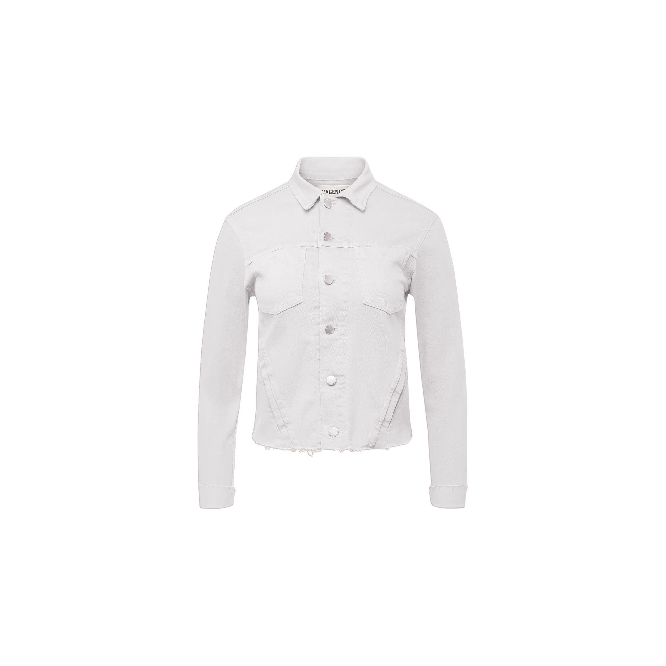 The Janelle Jean Jacket features a feminine fit, long sleeves, a classic collar, button front closure, and chest pockets in crisp white denim, displayed against a plain white background.
