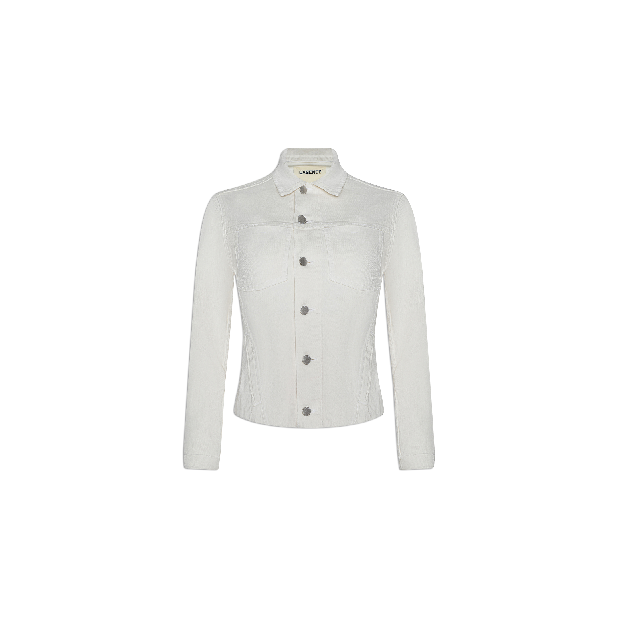 The Janelle Jean Jacket, crafted from stretch denim for a slim fit and flattering silhouette, features long sleeves, a collar, front button closure, and two chest pockets; it is displayed on a plain white background.