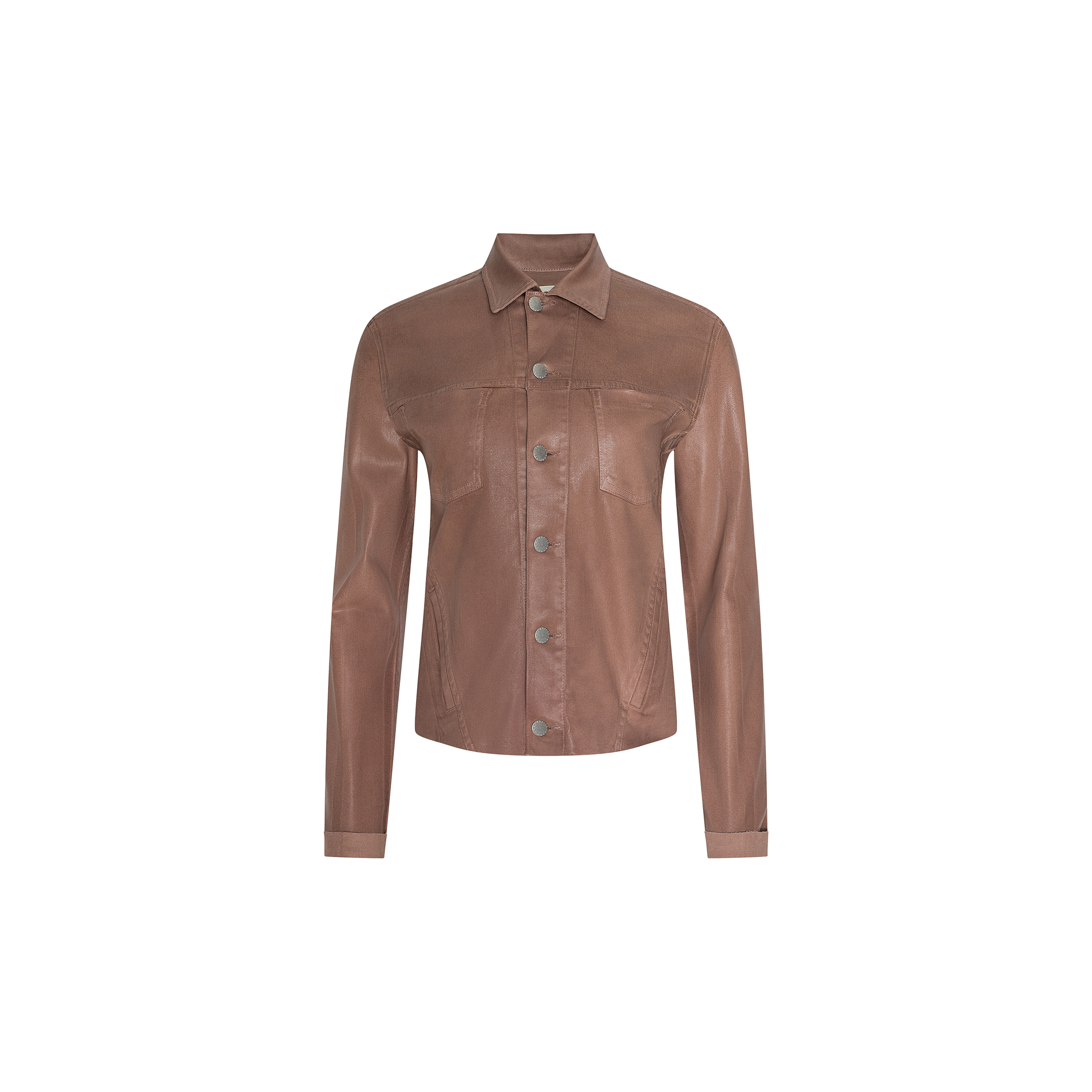 Janelle Coated Jean Jacket in hazelnut brown, featuring a collar, long sleeves, front button closure, and a single chest pocket, displayed against a plain white background.