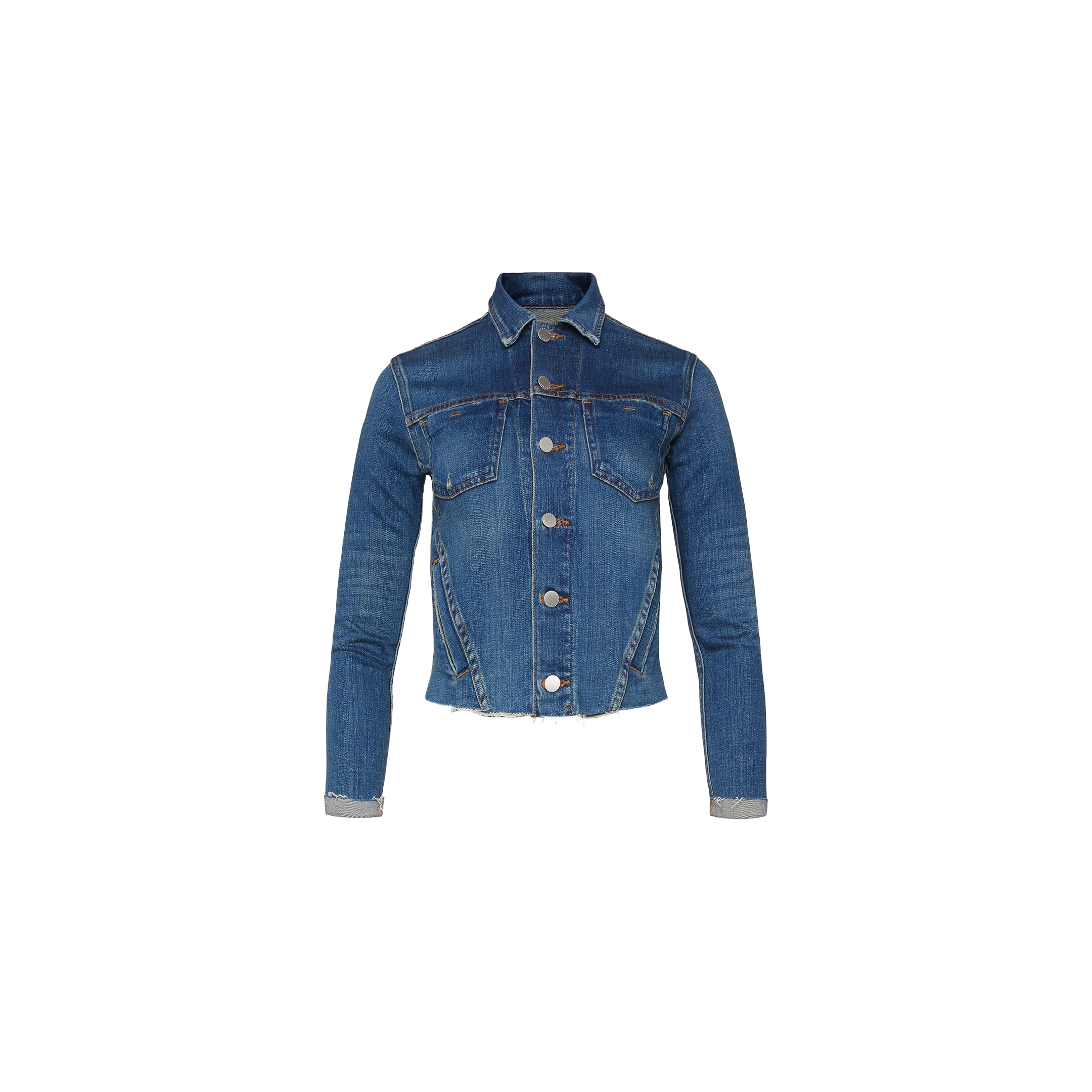 The Janelle Jean Jacket is a blue denim piece with a feminine fit, featuring long sleeves, metal buttons down the front, chest pockets, and a slightly frayed hem, displayed on a plain white background.