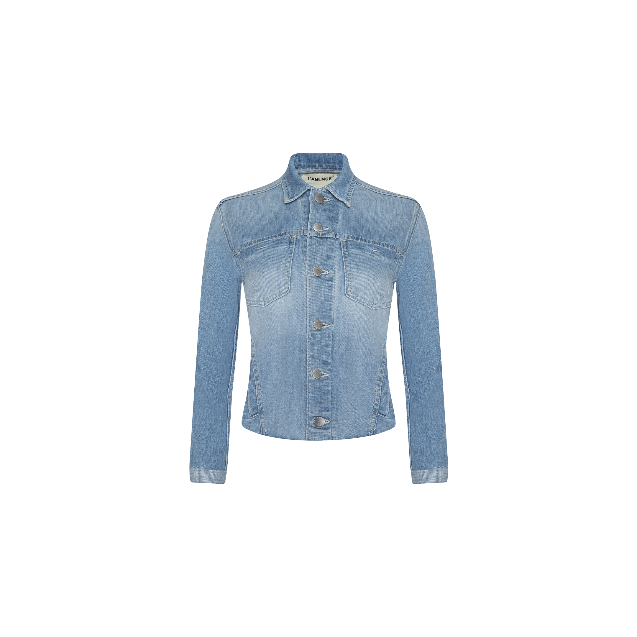 The Janelle Jean Jacket is a light blue vintage denim jacket featuring long sleeves, a button-up front, two chest pockets with flaps, and a slightly fitted waist, displayed on a plain white background.