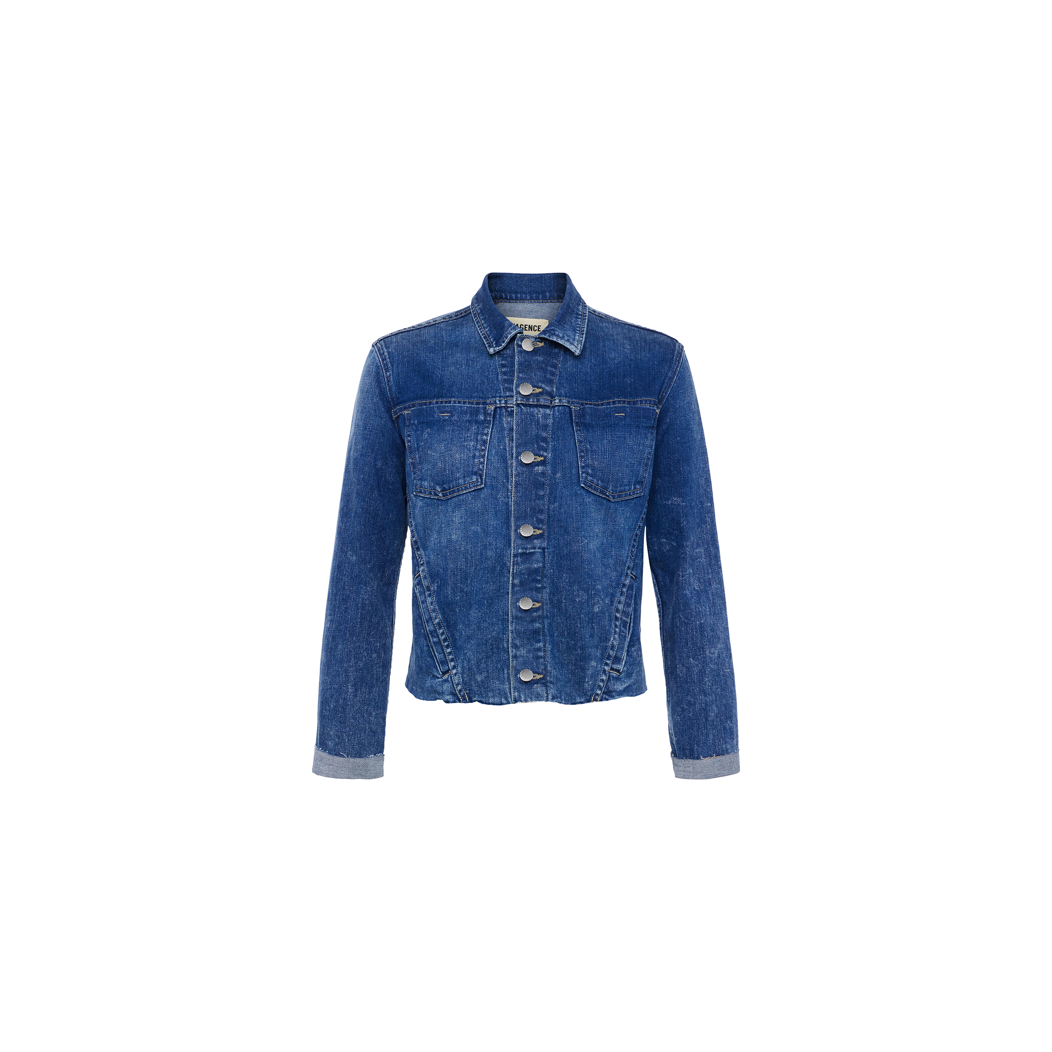 The Janelle Jean Jacket, featuring a classic indigo wash with long sleeves, a buttoned front, two chest pockets, and visible stitching details, is displayed against a plain white background. This slim fit jacket offers a flattering silhouette for women.