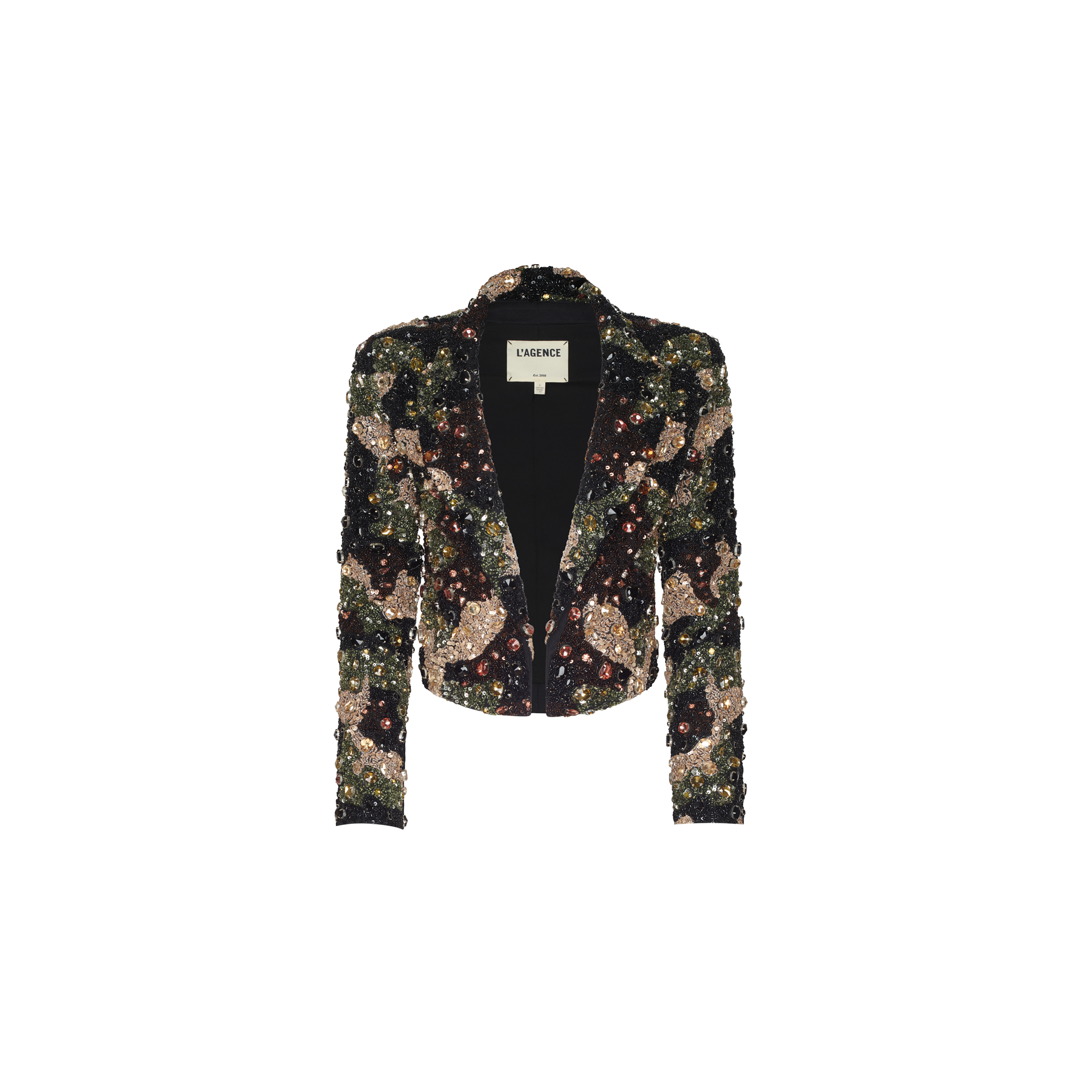 The Jen Crystal Blazer is a couture-inspired, cropped open-front jacket adorned with multi-colored sequins on a black base. It features a notched collar, long sleeves, and a white label with black text inside the collar.