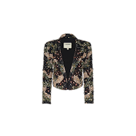 The Jen Crystal Blazer is a couture-inspired, cropped open-front jacket adorned with multi-colored sequins on a black base. It features a notched collar, long sleeves, and a white label with black text inside the collar.