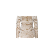 Alice Blazer Top: An off-the-shoulder, long-sleeve beige jacquard satin blouse adorned with a butterfly pattern and five oversized gold buttons down the front.