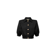 A black Cove Cropped Tweed Jacket with gold buttons features puff sleeves, a cropped silhouette, and a collar, displayed on a plain white background.