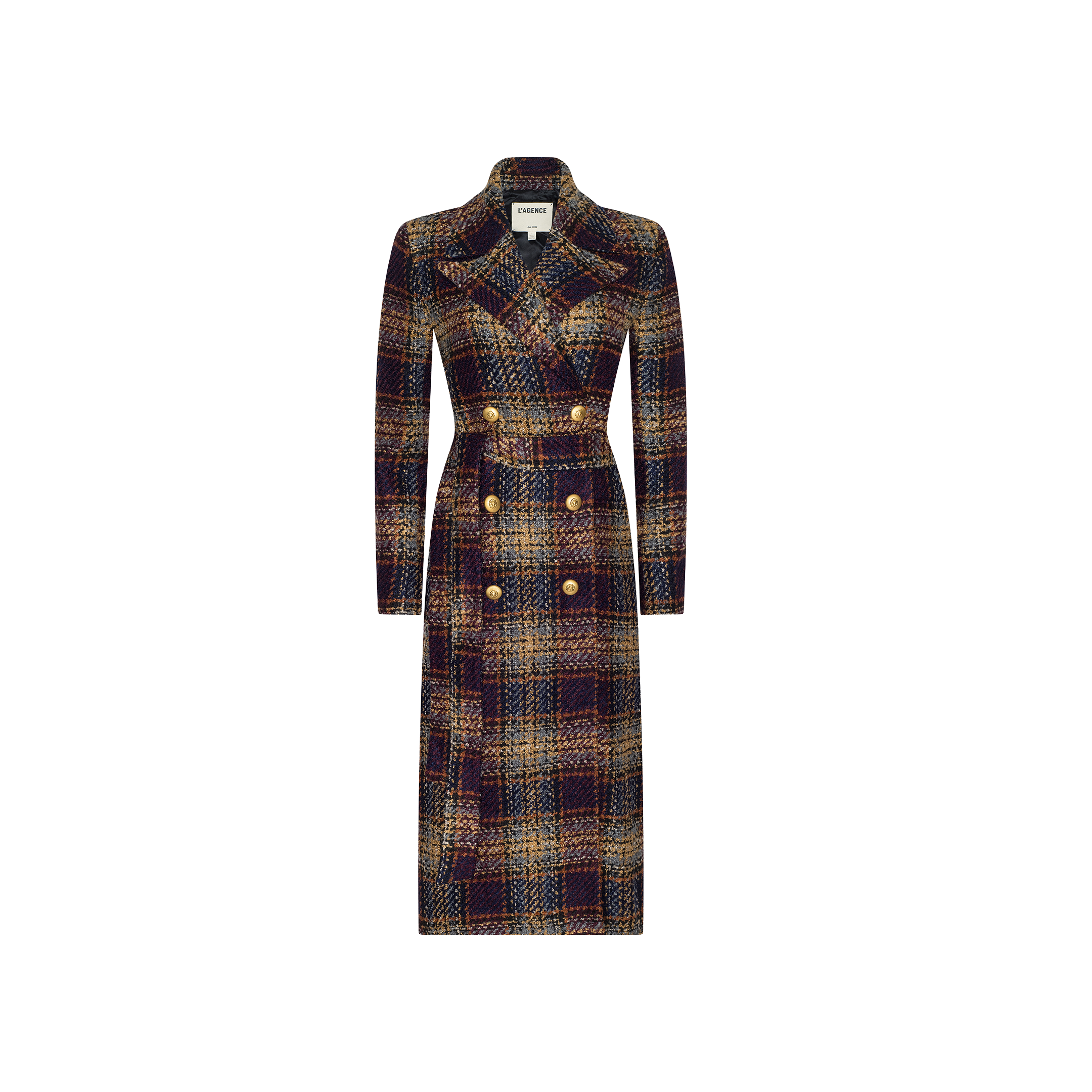 The Kolina Tweed Long Coat is a long, double-breasted plaid coat in shades of brown, navy, and yellow tweed. It features a wide collar, gold buttons, and a waist-cinching belt. Displayed on a plain white background.