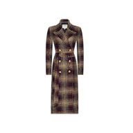 The Kolina Tweed Long Coat is a long, double-breasted plaid coat in shades of brown, navy, and yellow tweed. It features a wide collar, gold buttons, and a waist-cinching belt. Displayed on a plain white background.
