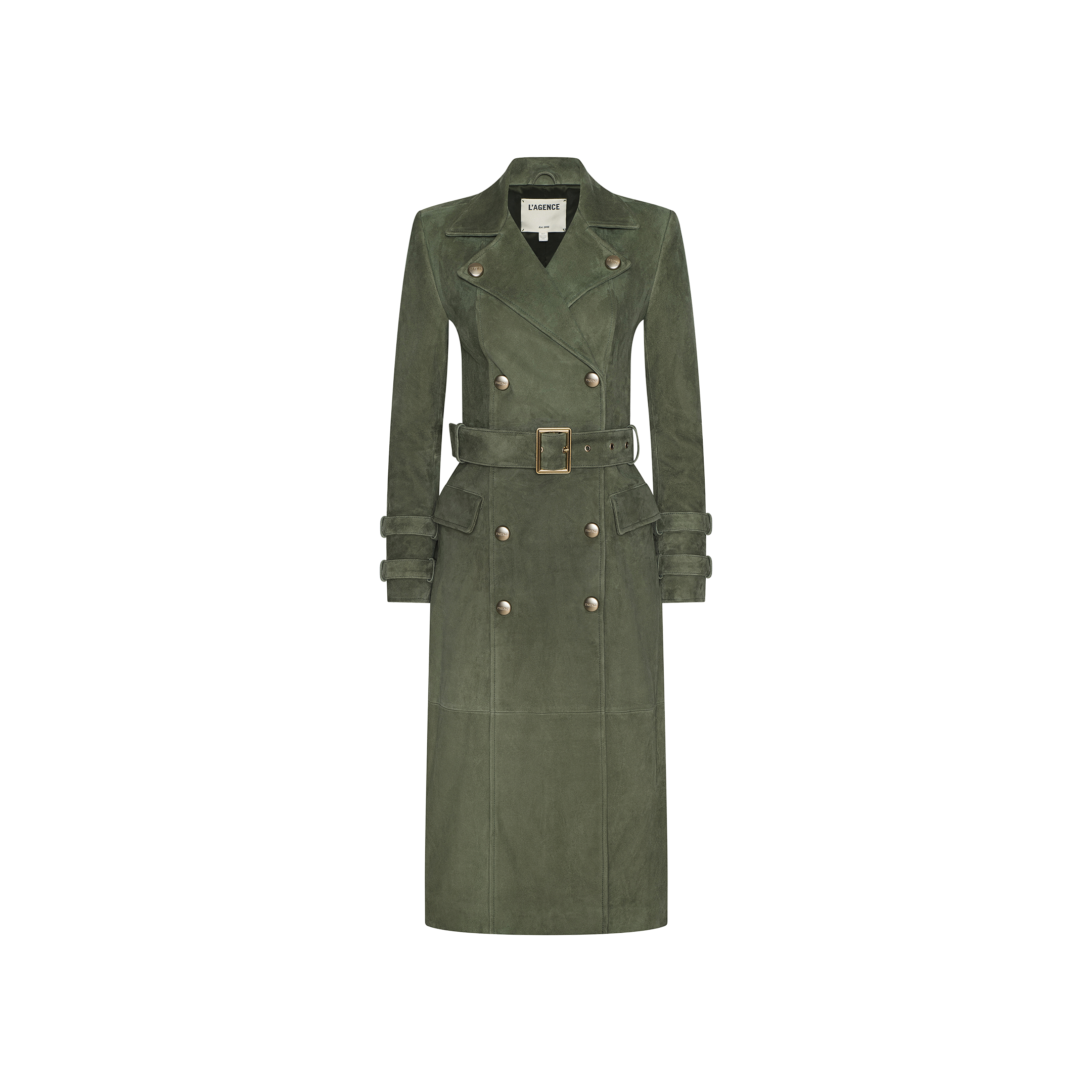 The Celina Suede Trench Coat is a long, double-breasted olive green trench with a belted waist, button details, and a notched collar, displayed against a plain white background—a timeless wardrobe essential.