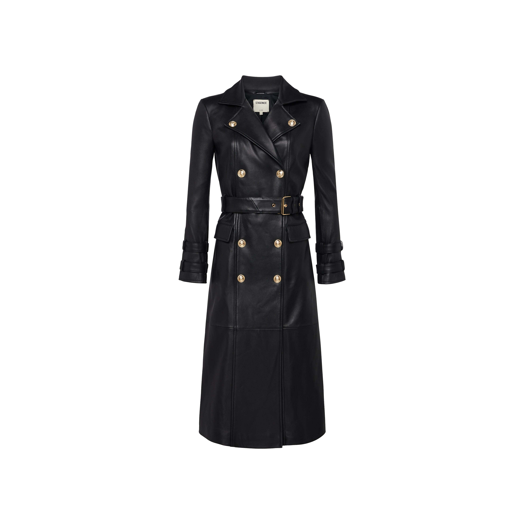 The Celina Leather Trench Coat features a long black silhouette with gold buttons, a belted waist, double-breasted front, and wide lapels, showcased against a plain light background. This premium piece exudes sophistication and timeless style.
