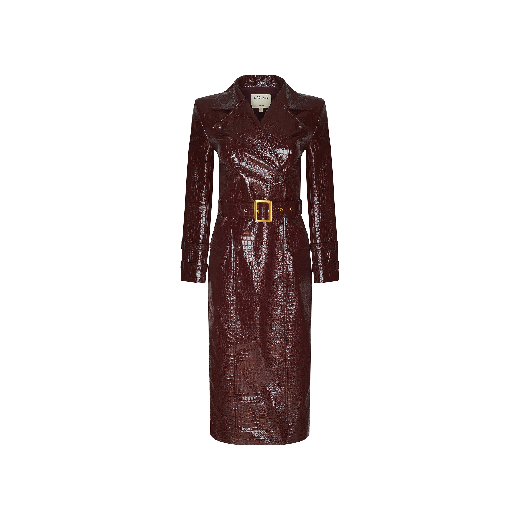 The Celina Trench Coat is a long, dark burgundy vegan leather trench coat with crocodile embossing, featuring a wide lapel, belted waist, button cuffs, and a mid-length hem. Showcased on a white background, it’s the perfect choice for Fall 2026 fashion.