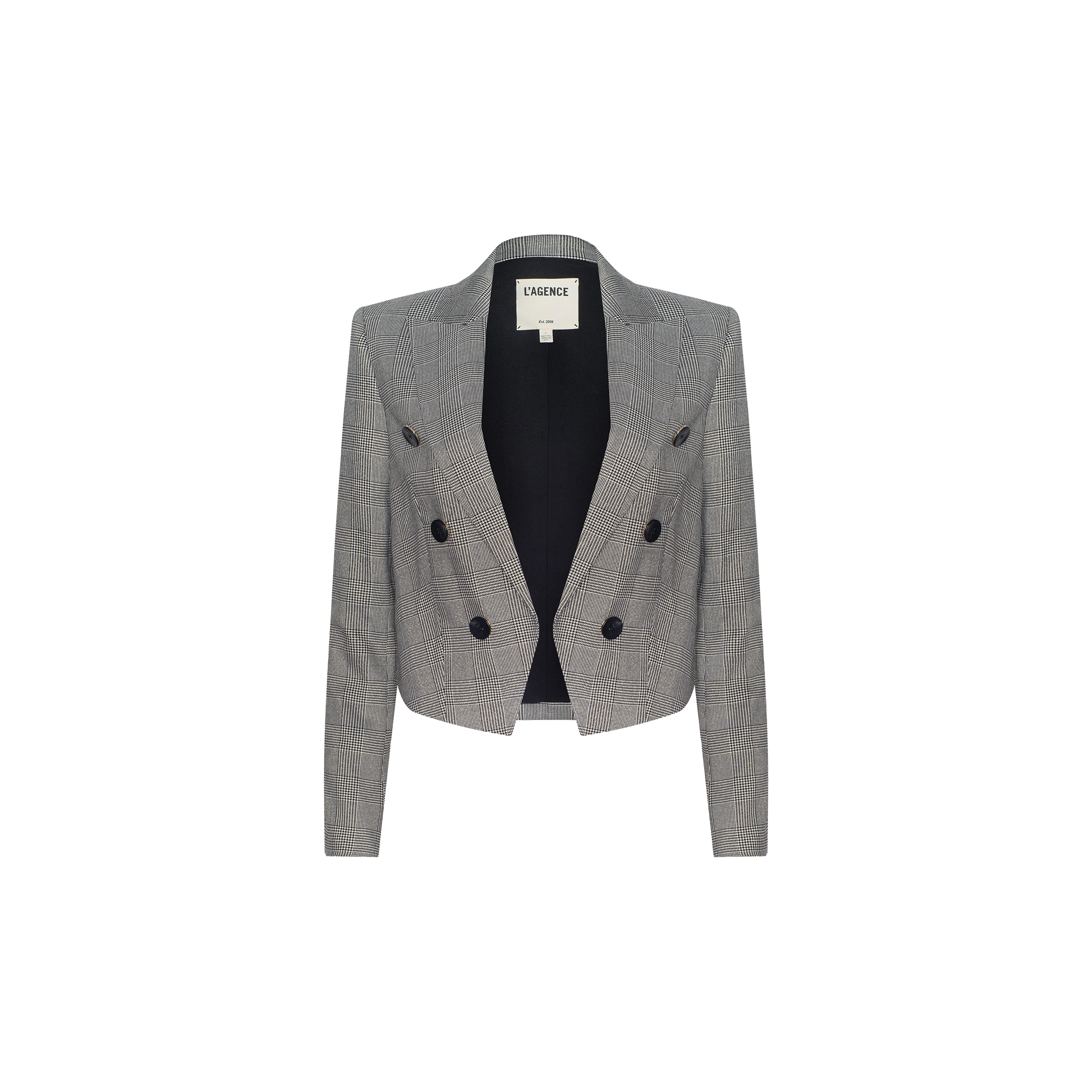 The Lila Tweed Blazer is a gray, double-breasted modern classic blazer for women, featuring black buttons, long sleeves, peaked lapels, and an open front. The label inside the collar reads LAGENCE. The blazer is displayed against a plain white background.
