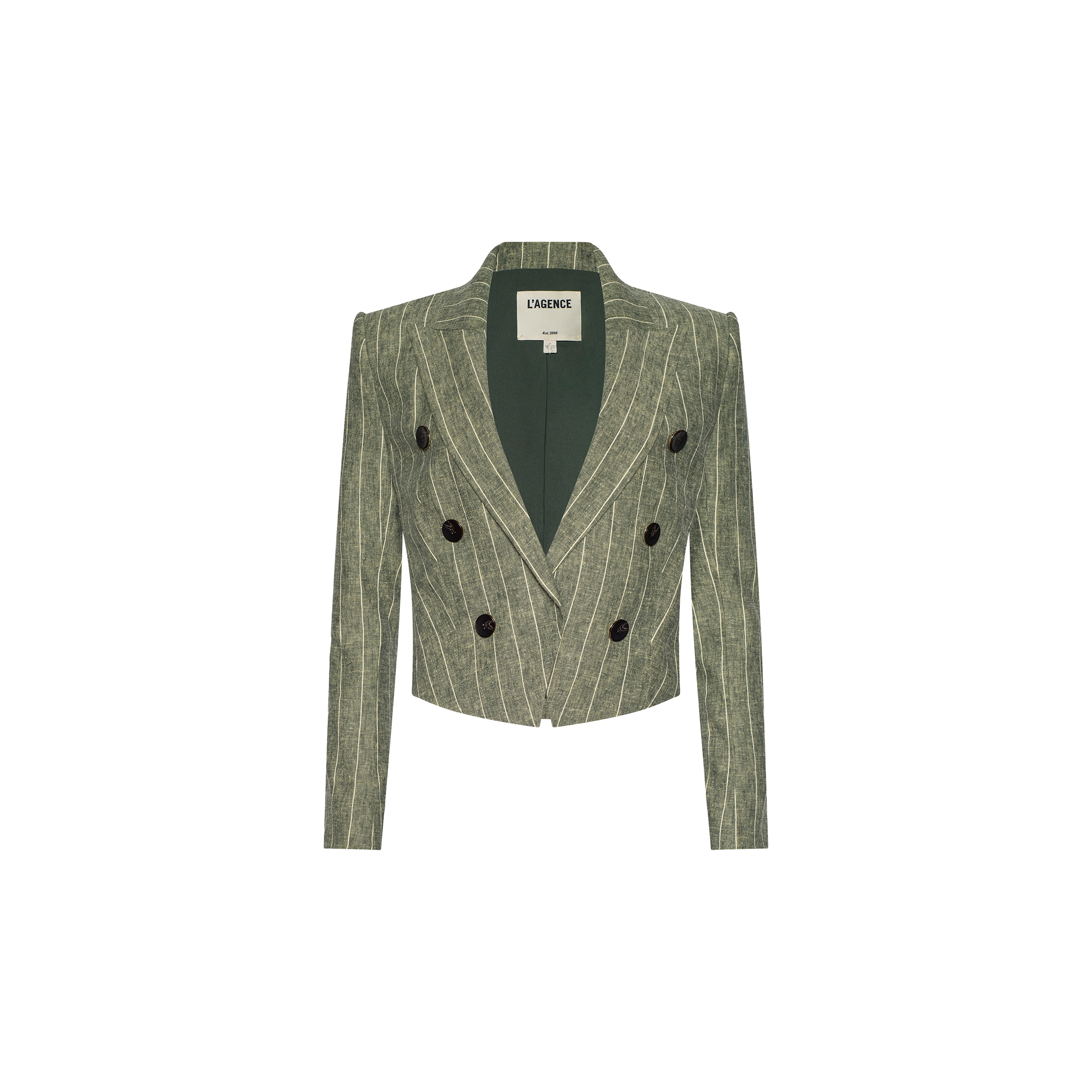 The Lila Linen-Blend Blazer is an olive green, cropped blazer featuring green pinstripes, long sleeves, a notched collar, six black buttons in a double-breasted design, and a dark green inner lining, displayed on a plain white background.