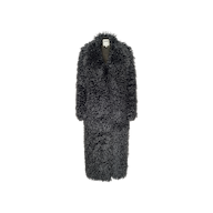 The Lizbeth Faux Fur Jacket, a long black shag coat with a notched collar and relaxed fit, is displayed against a plain white background. This curly faux fur piece embodies the bold style showcased on New York Fashion Week runways.