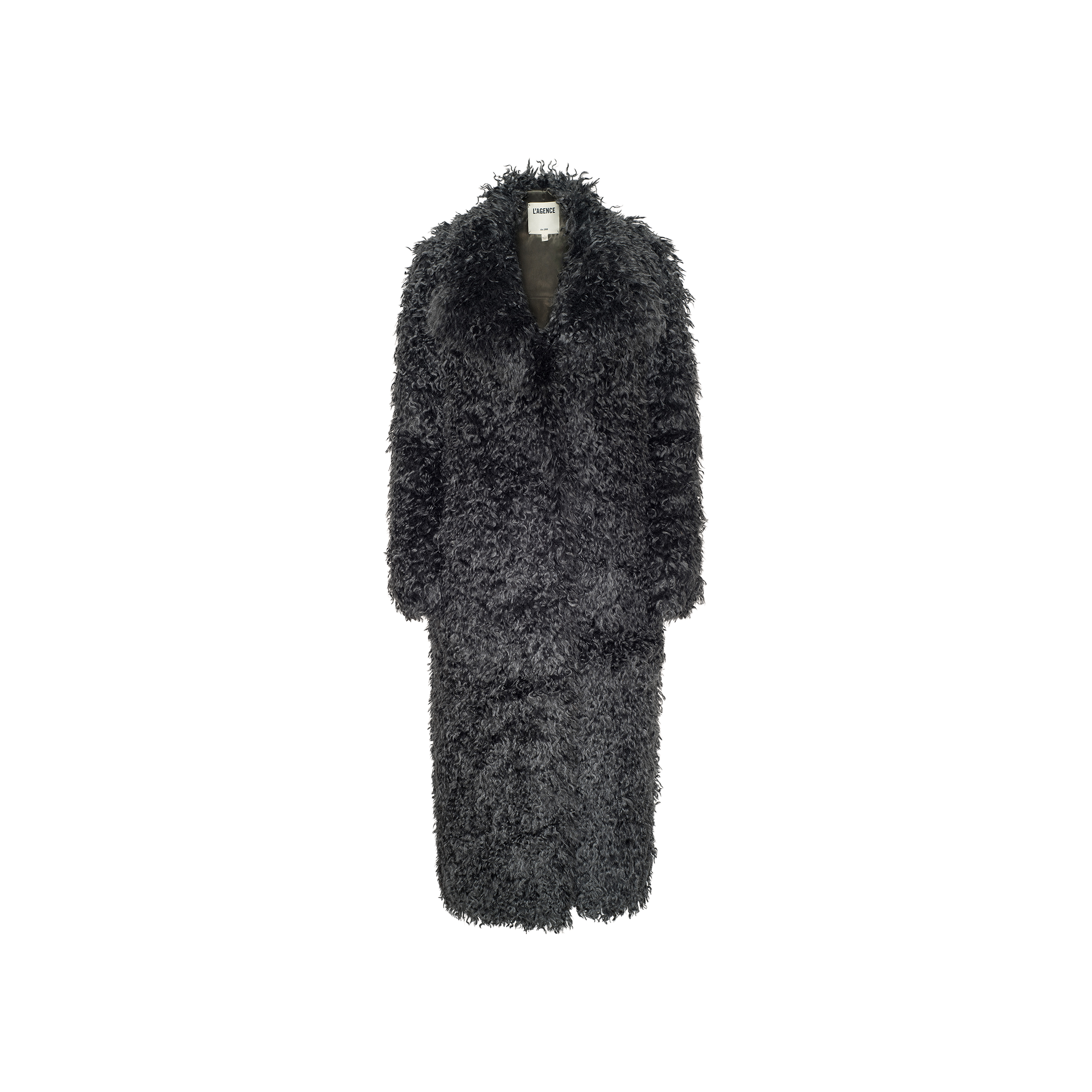 The Lizbeth Faux Fur Jacket, a long black shag coat with a notched collar and relaxed fit, is displayed against a plain white background. This curly faux fur piece embodies the bold style showcased on New York Fashion Week runways.