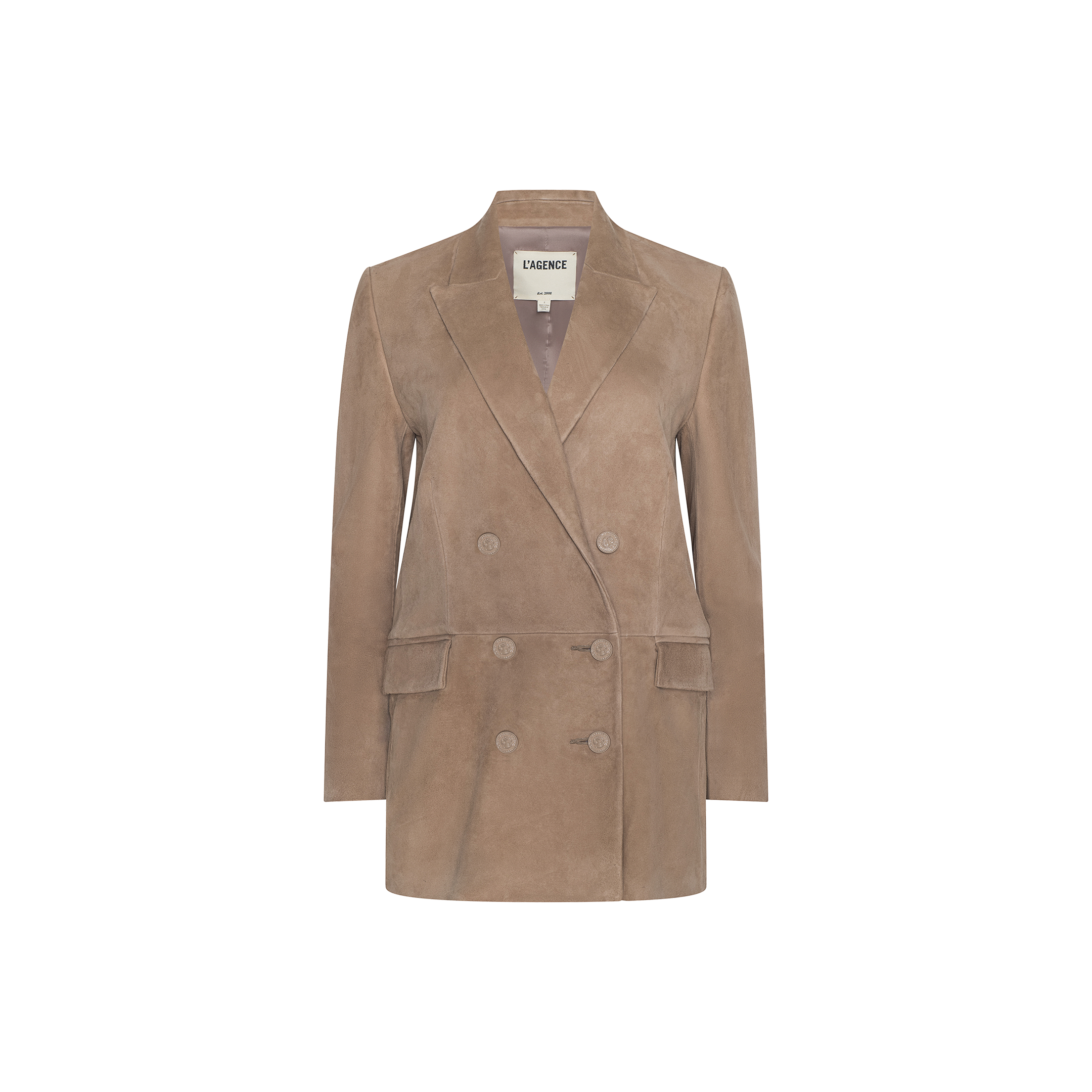 The Aimee Oversized Suede Blazer, featuring a tan hue, notched lapels, front flap pockets, and a visible brand label inside the collar, is displayed on a plain white background.