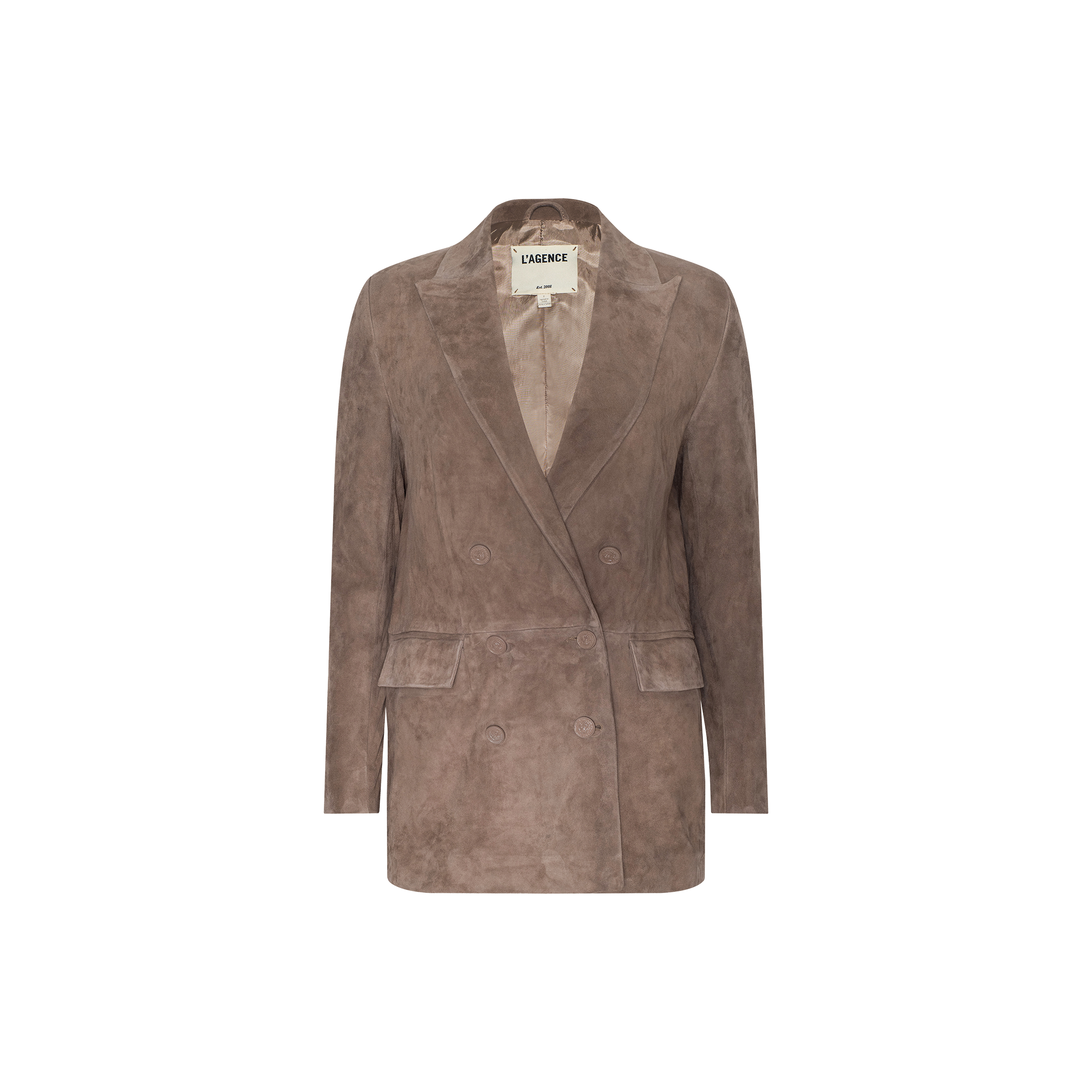 The Aimee Oversized Suede Blazer is a brown suede double-breasted boyfriend blazer featuring a notched lapel, front pockets, and a visible LAGENCE label inside the collar, displayed on a plain white background.