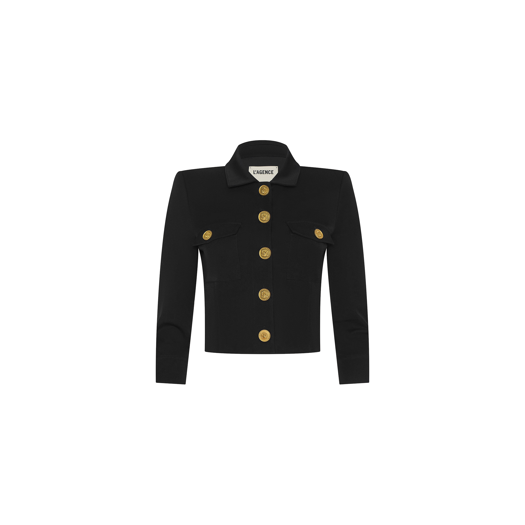 The Kumi Cropped Jacket is crafted from stretch suit fabric in black, featuring long sleeves, two front chest pockets, and five large gold buttons down the front. It includes a collar and a label inside the neck that reads LAURENCE.