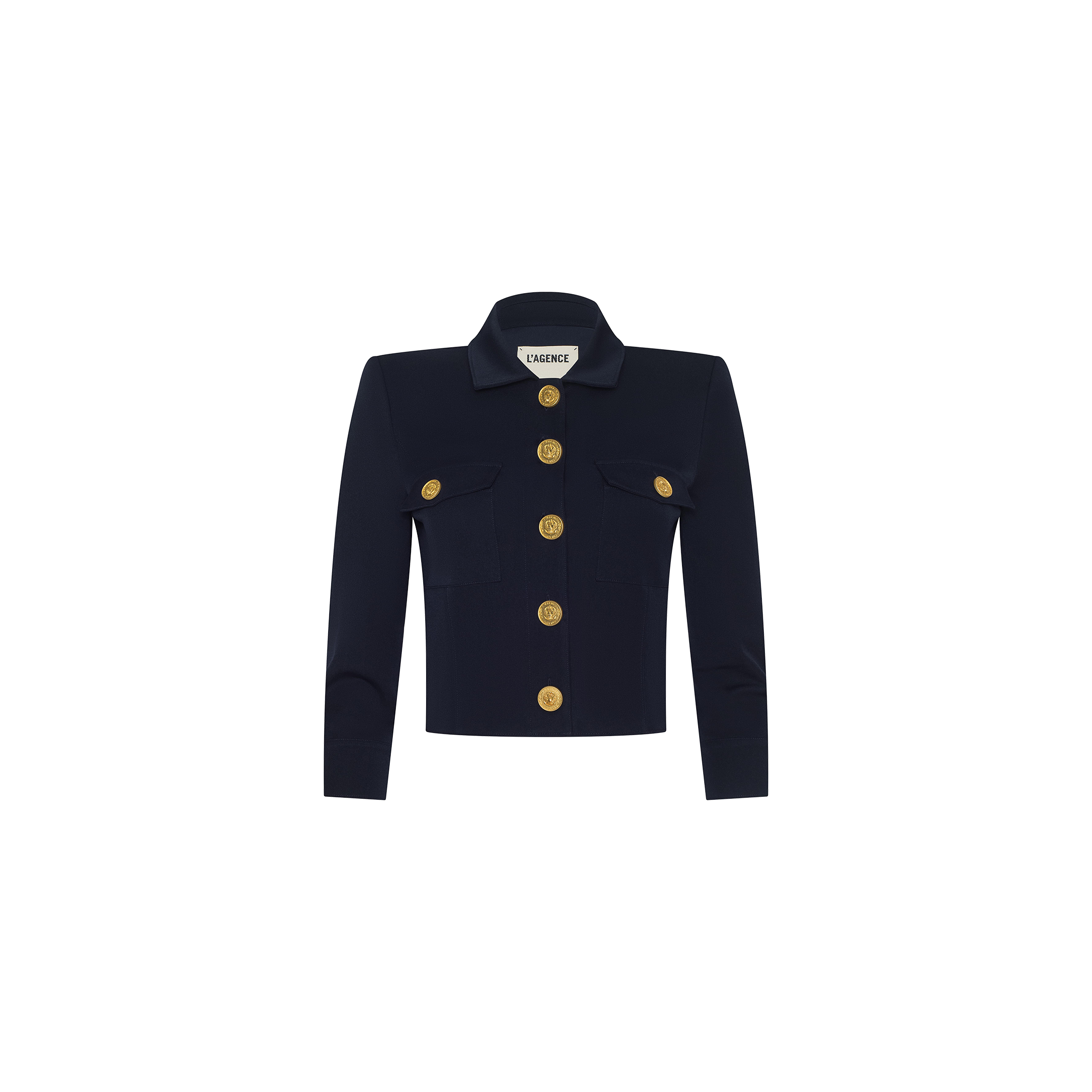 The Kumi Cropped Jacket is a midnight navy piece featuring long sleeves, two front pockets, and five large gold buttons down the front. Crafted from stretch suit fabric, it is showcased against a plain white background.