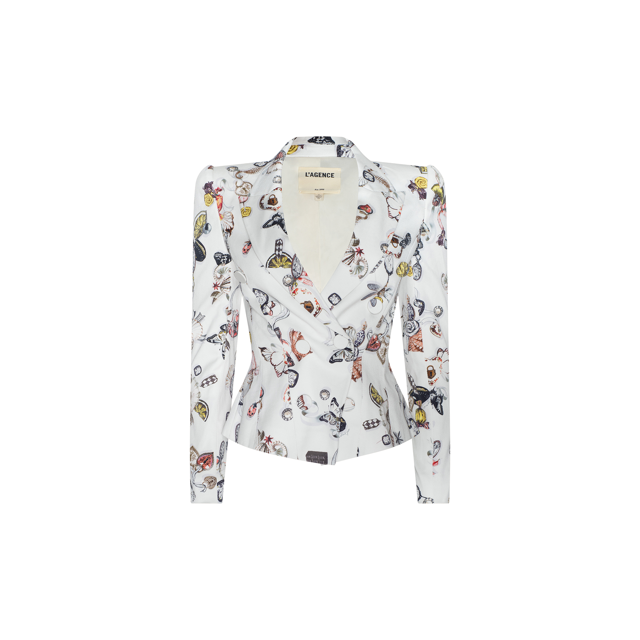 The Bethany Structured Blazer is a white women’s blazer featuring a tailored fit with a sculpted silhouette, lapel collar, and long sleeves, beautifully adorned with colorful butterflies and insects on a plain background.