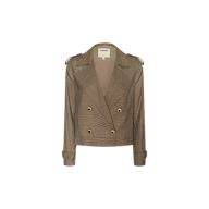 The Xoey Cropped Trench Coat features a brown plaid pattern, double-breasted front with gold buttons, wide lapels, shoulder epaulets, and buttoned sleeve cuffs. The coat is displayed against a plain white background.