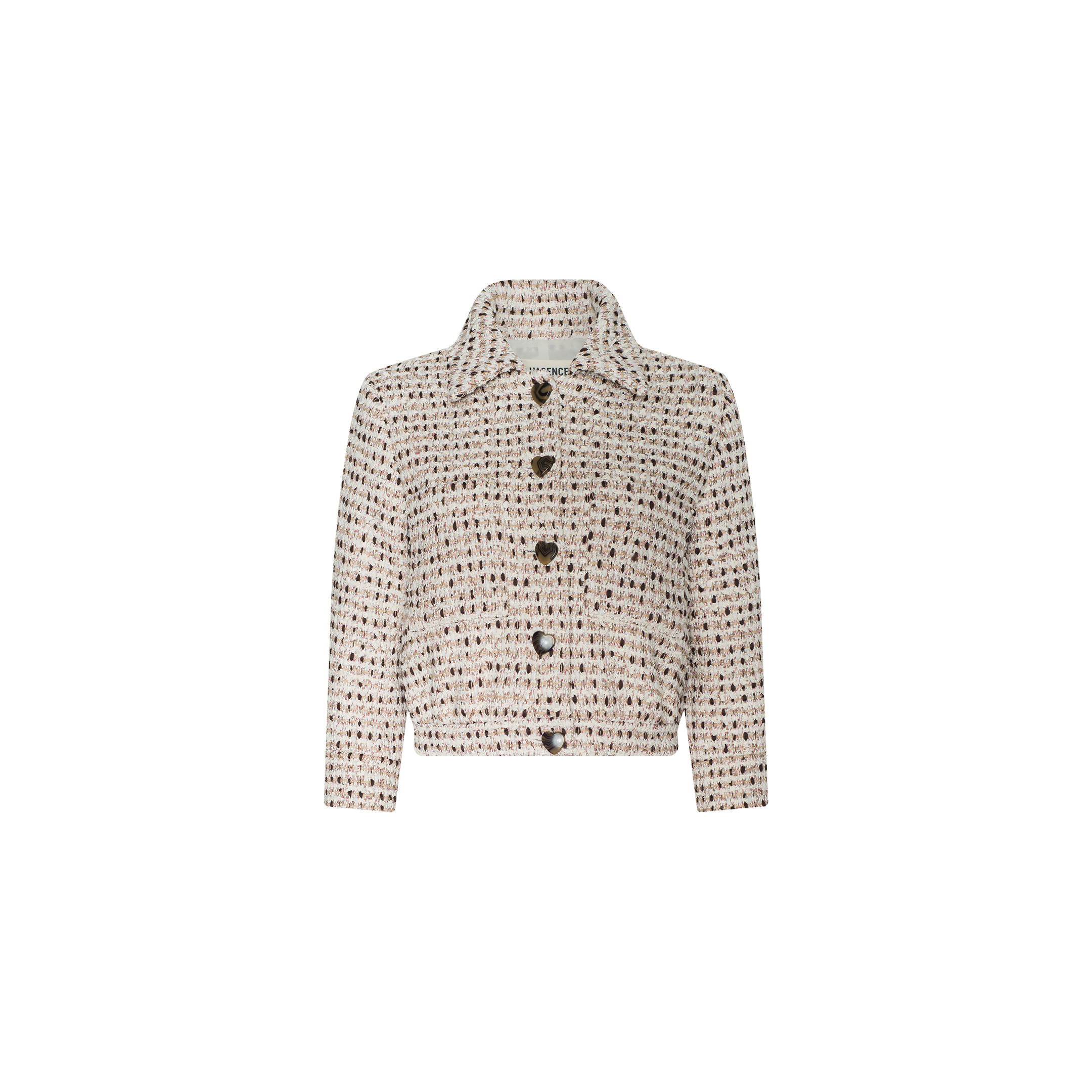 The Jia Cropped Tweed Jacket, featuring a cream and brown textured tweed fabric, large black buttons, a pointed collar, and long sleeves, is displayed on a plain white background.