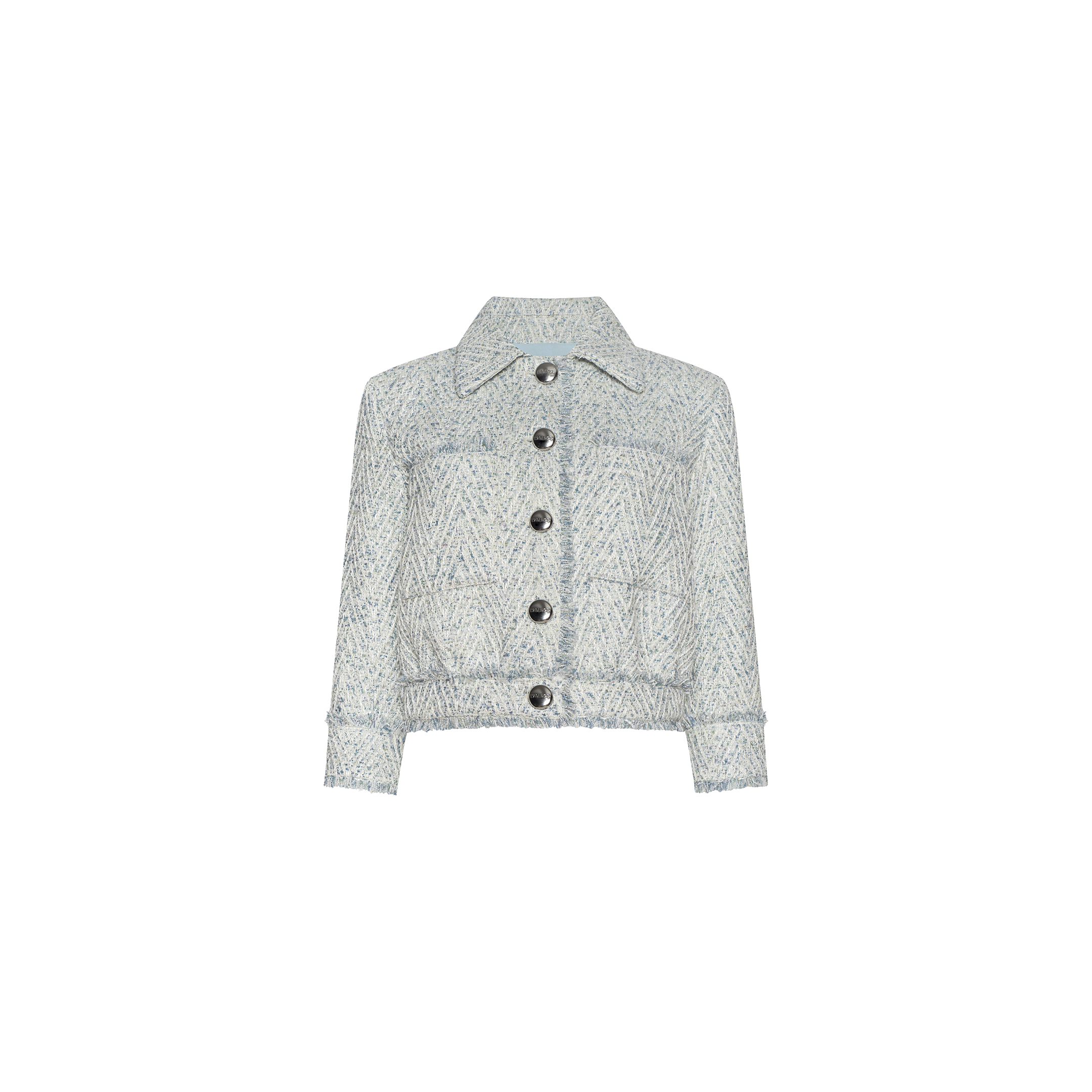 Jia Fringed Tweed Jacket in light blue and white chevron tweed, featuring a collar, long sleeves, front pockets, large dark buttons, and subtle fringed trim accents, displayed on a plain white background.