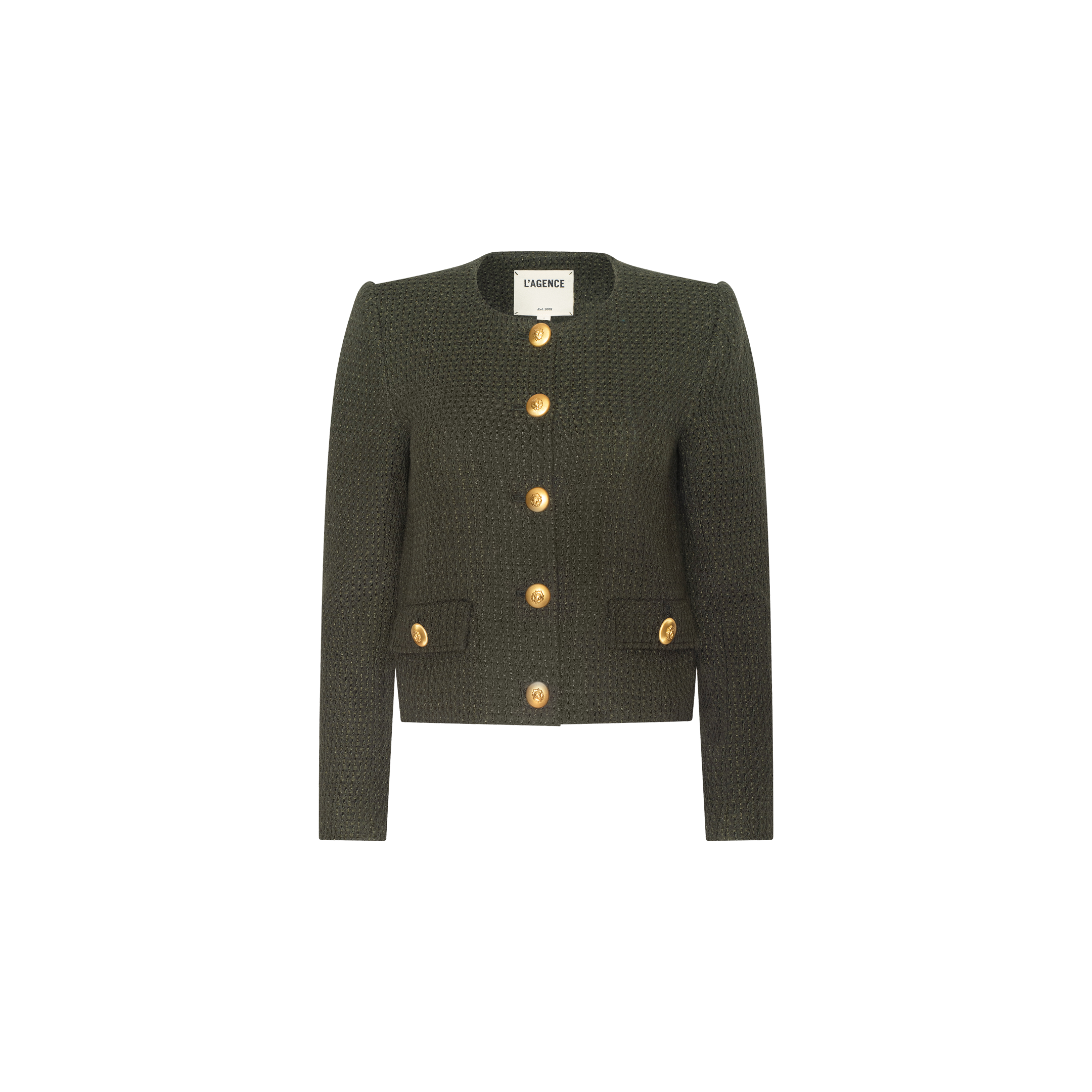 Zell Tweed Jacket in dark green, featuring a textured, collarless design for women with long sleeves, gold front buttons, and two front pockets, shown on a white background.