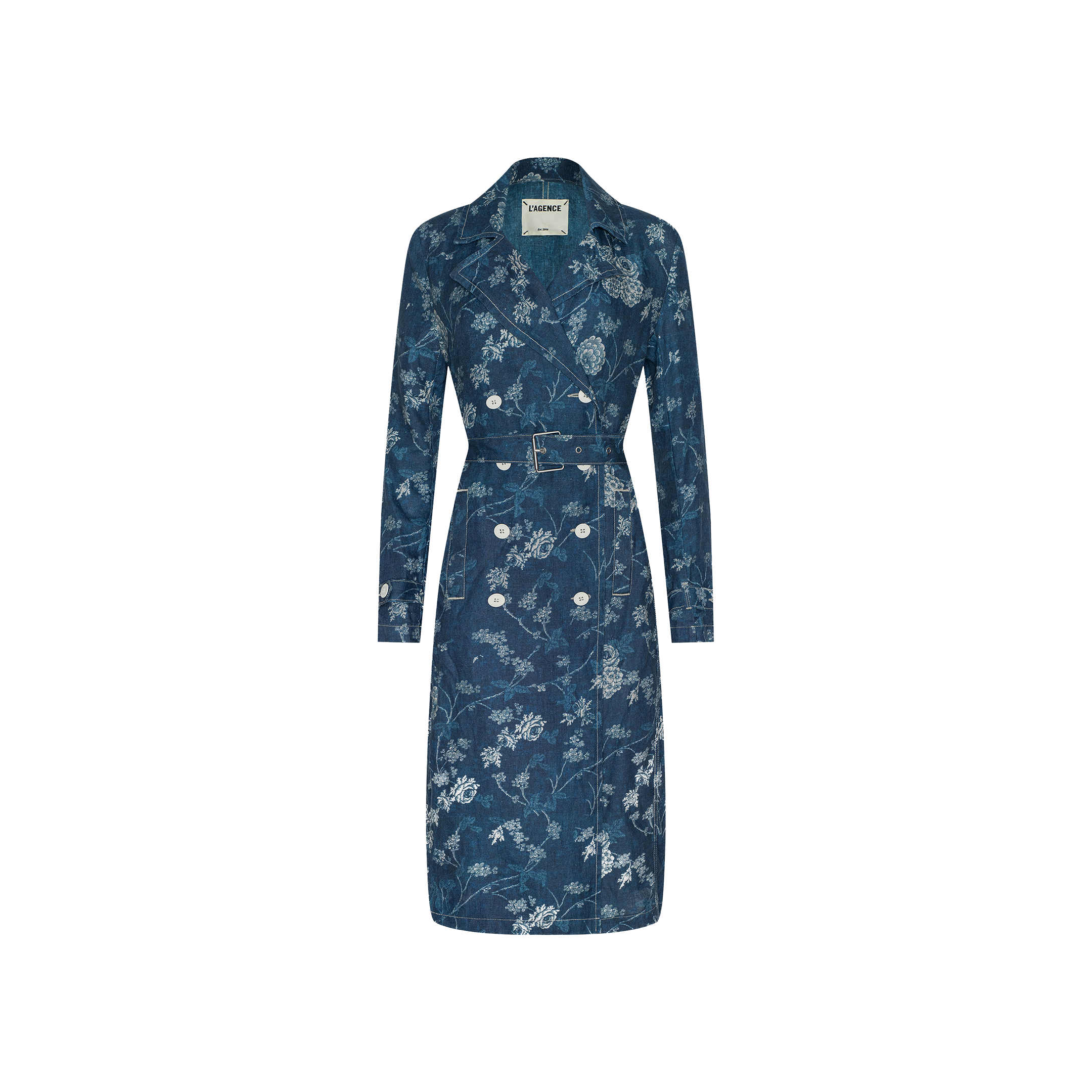 The Bradley Linen Trench Coat is a blue, double-breasted trench coat featuring a belted waist and white floral print—this classic outer layer blends elegance and versatility, shown against a plain white background.