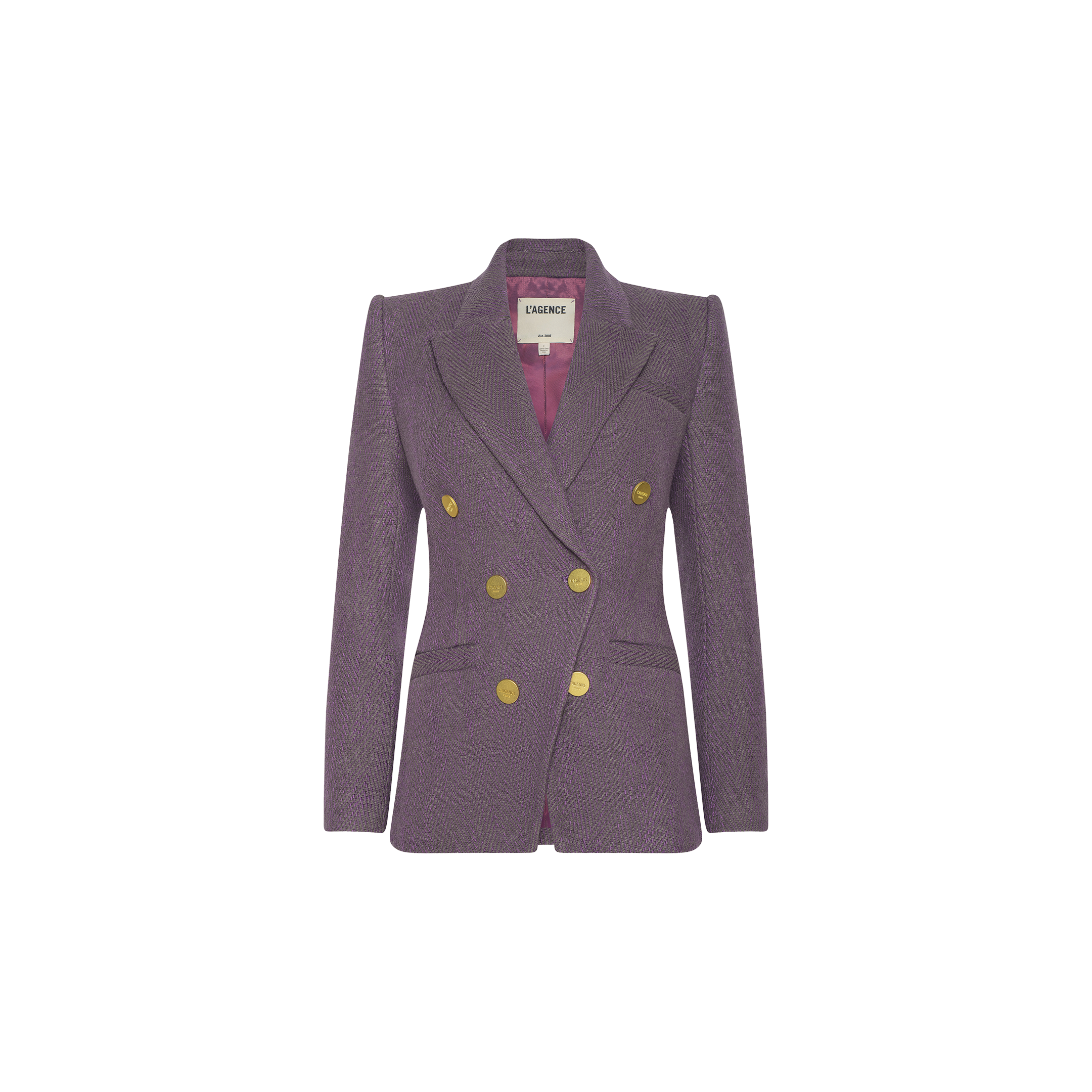 The Kyomi Double-Breasted Blazer is a tailored purple herringbone jacket featuring gold double-breasted buttons, structured shoulders, notched lapels, and a pink patterned lining, displayed on a plain white background.