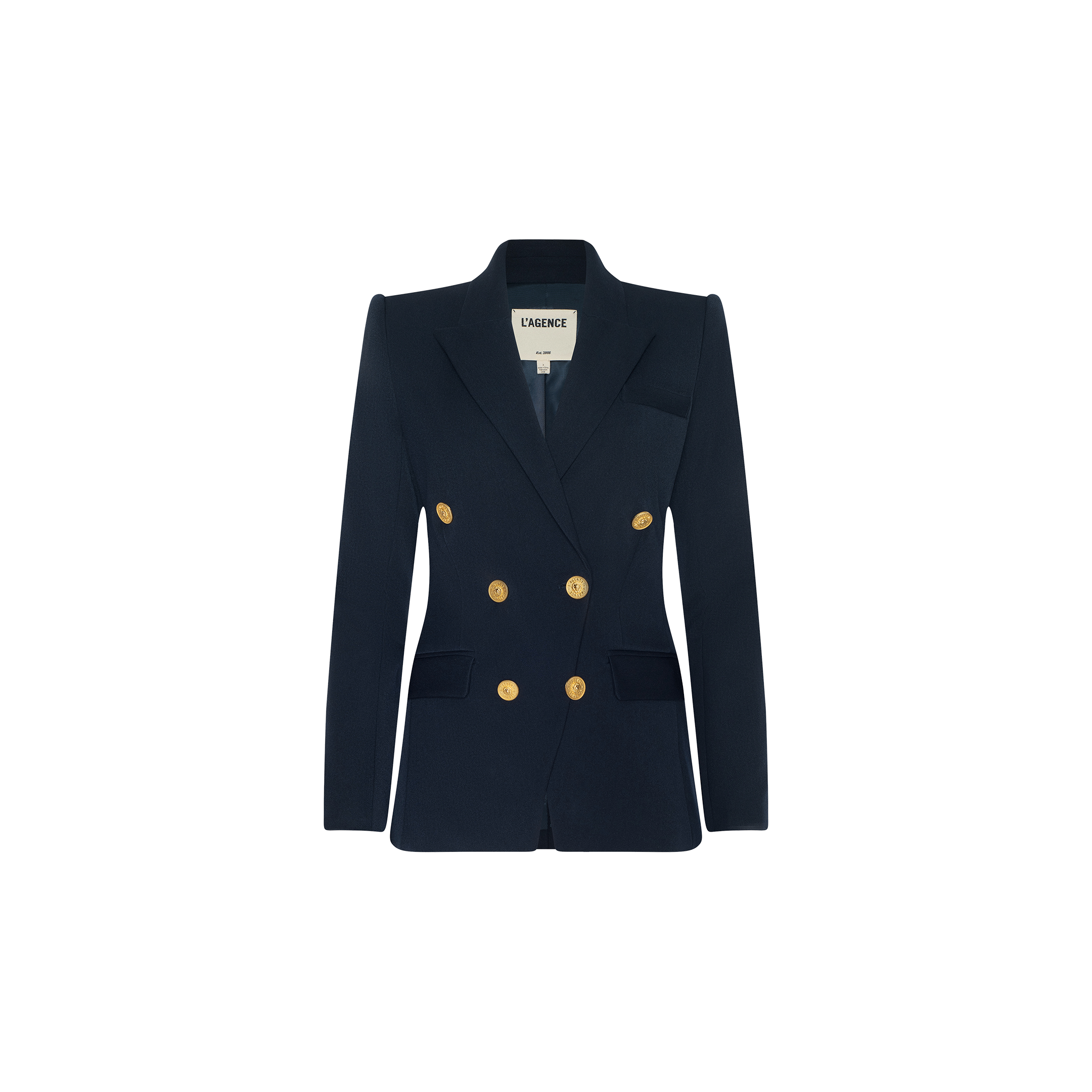 The Kyomi Double-Breasted Blazer, featuring a tailored fit in midnight navy with gold buttons, structured shoulders, and front pockets, is displayed against a plain white background.