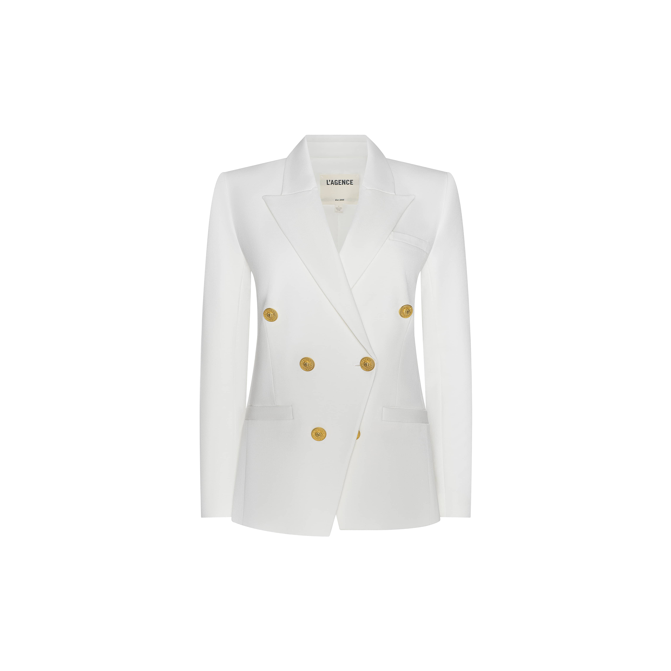 The Kyomi Double-Breasted Blazer is crafted from stretch suit fabric and features gold buttons, long sleeves, and a notched lapel. It is displayed on a plain white background.
