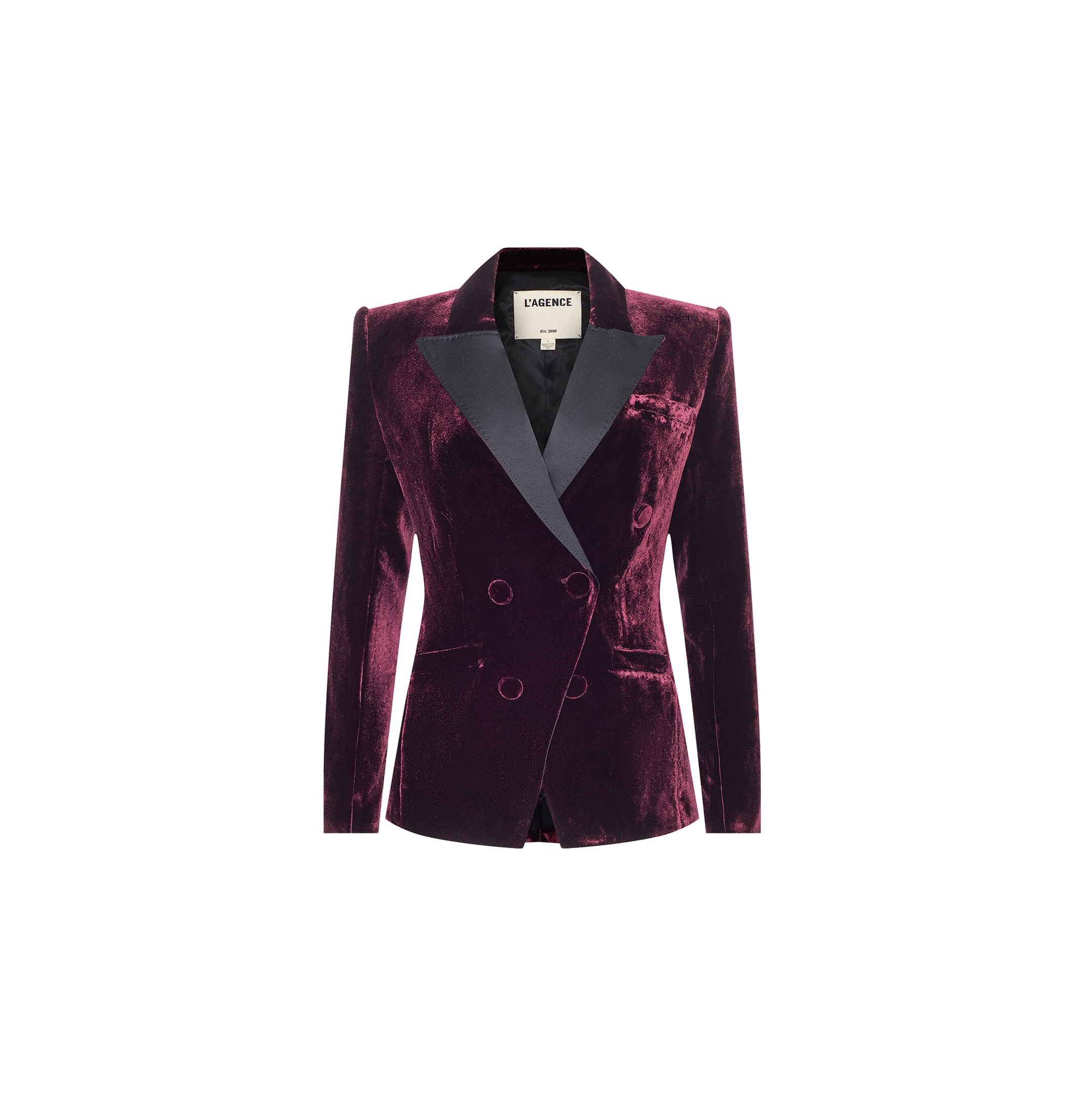 The Kyomi Velvet Blazer features a deep burgundy red double-breasted design with black satin lapels, long sleeves, and a tailored fit, displayed against a plain white background.