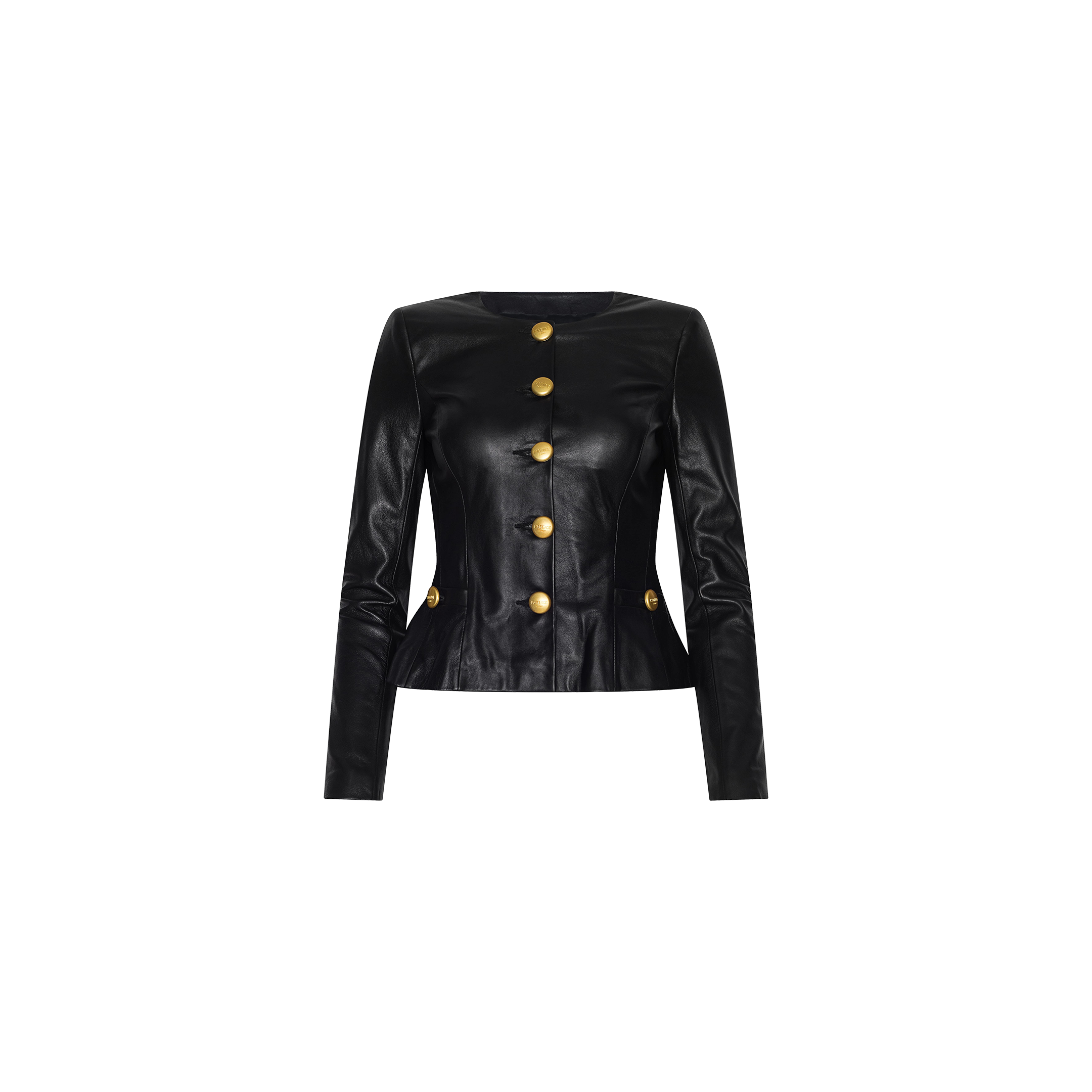 The Mariella Leather Jacket is a collarless black jacket with long sleeves and a fitted waist, crafted from lambskin leather. It features large gold buttons down the front and on the sides, and is displayed against a plain white background.