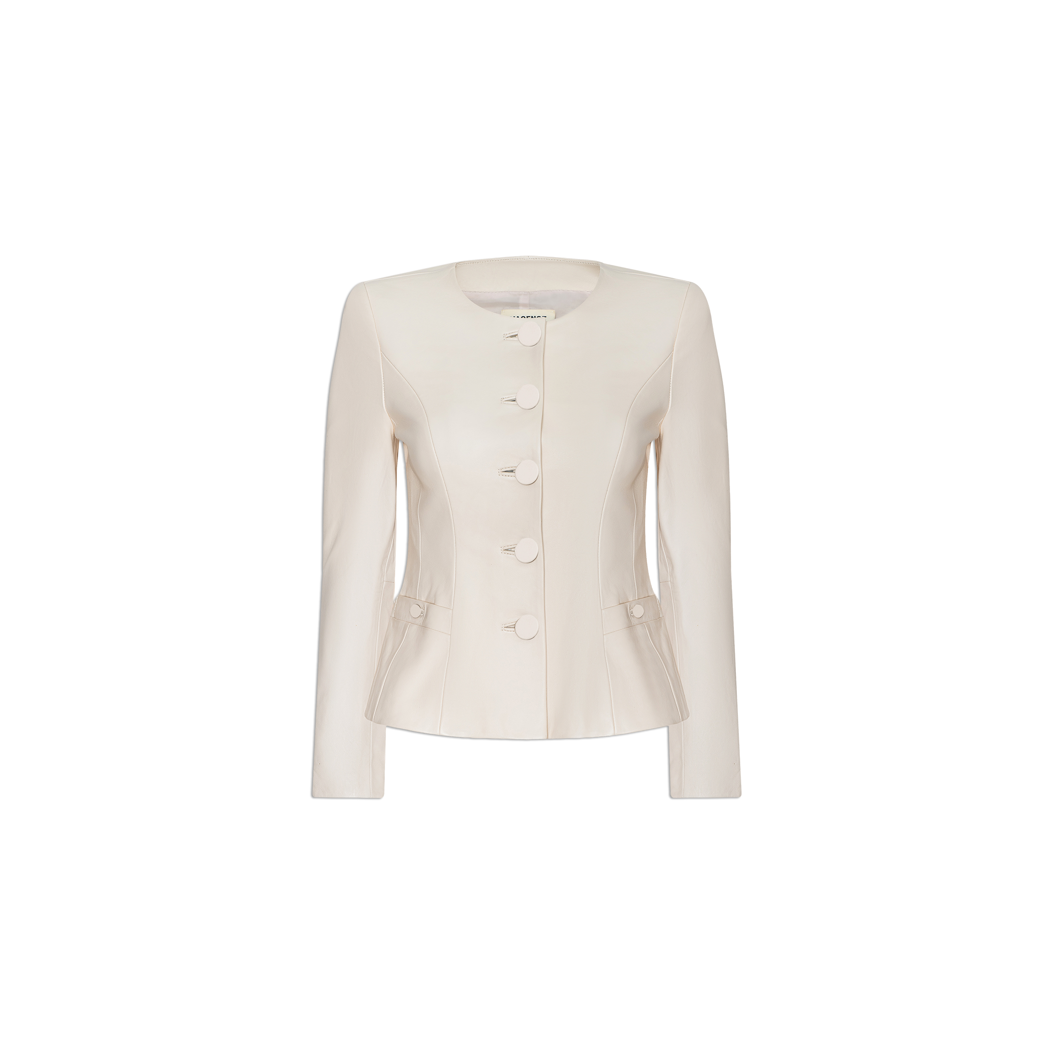 The Mariella Leather Jacket is a cream-colored, long-sleeve collarless women’s jacket featuring large front buttons, a round neckline, and two small flap pockets on each side for a chic and stylish look.