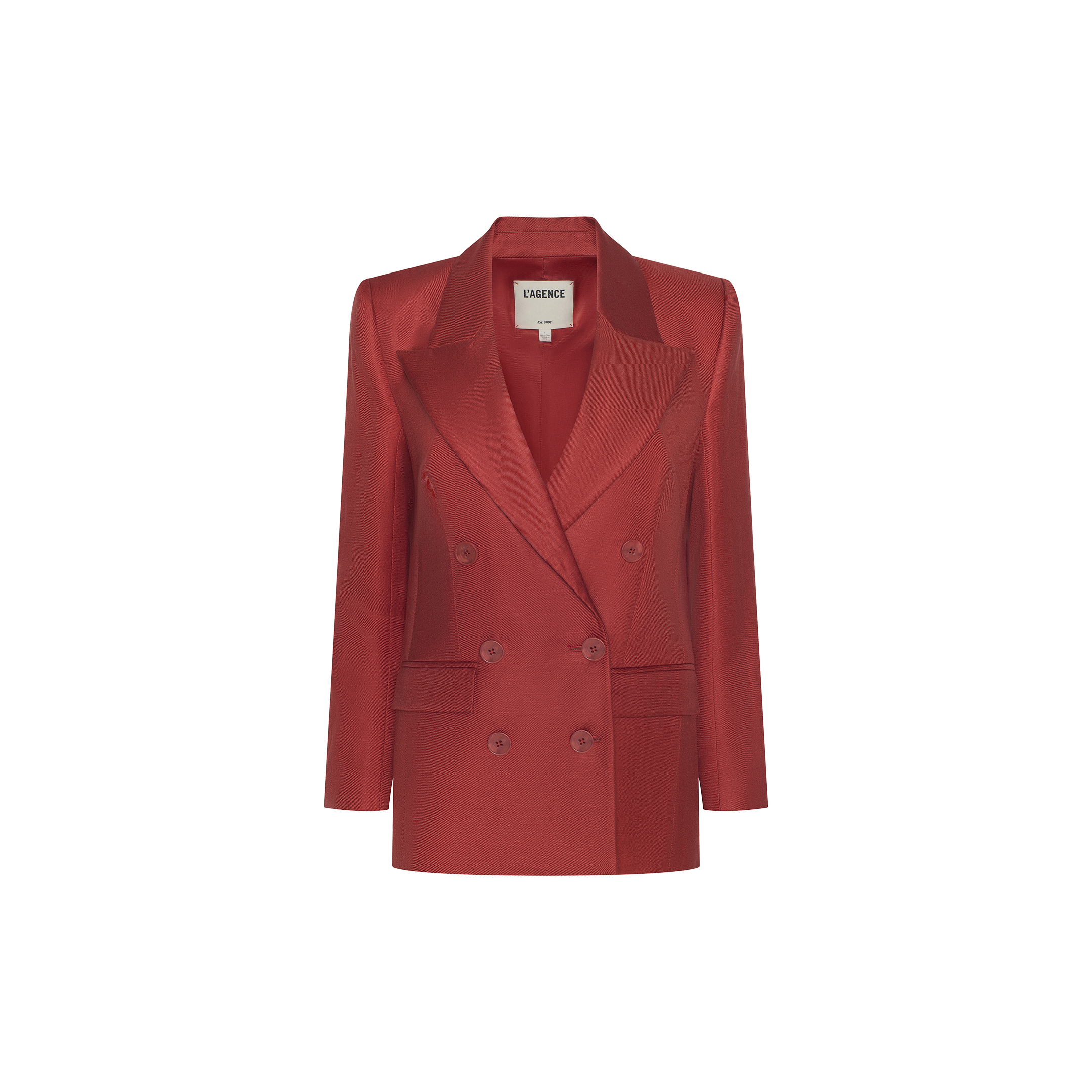 The Cambrie Oversized Blazer features a bold red hue, double-breasted design, long sleeves, notched lapels, and front buttons, showcased against a plain white background.