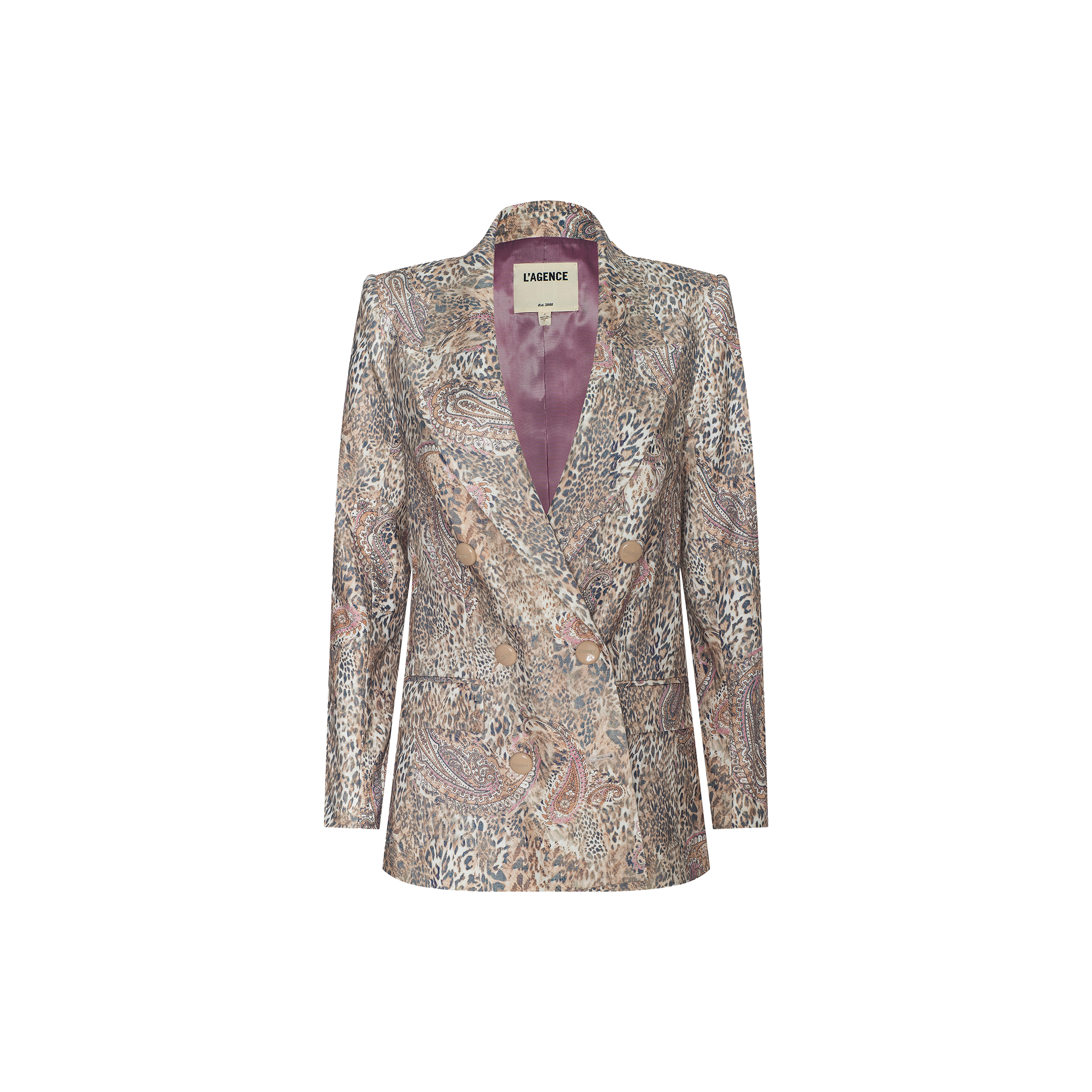 The Cambrie Oversized Linen-Blend Blazer is a double-breasted women’s blazer crafted from a linen-cotton blend, featuring a mix of animal print and paisley designs in muted tones. It is styled with peak lapels and finished with a mauve inner lining.