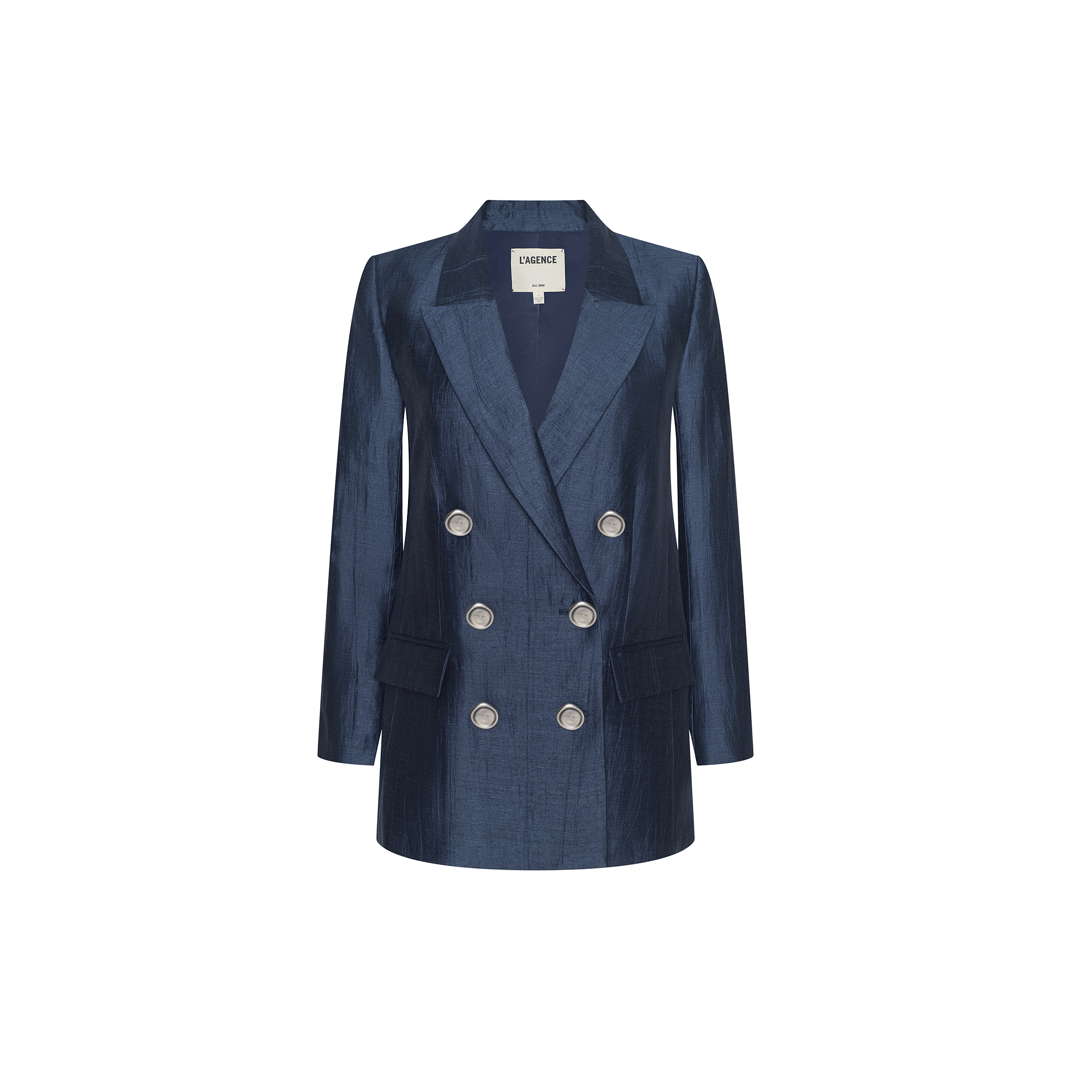 The Cambrie Oversized Blazer is a dark blue, double-breasted jacket featuring six silver buttons, notched lapels, and flap pockets. Expertly crafted from fine Italian linen in an oversized silhouette, it is displayed on a plain white background.