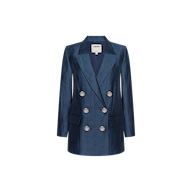 The Cambrie Oversized Blazer is a dark blue, double-breasted jacket featuring six silver buttons, notched lapels, and flap pockets. Expertly crafted from fine Italian linen in an oversized silhouette, it is displayed on a plain white background.