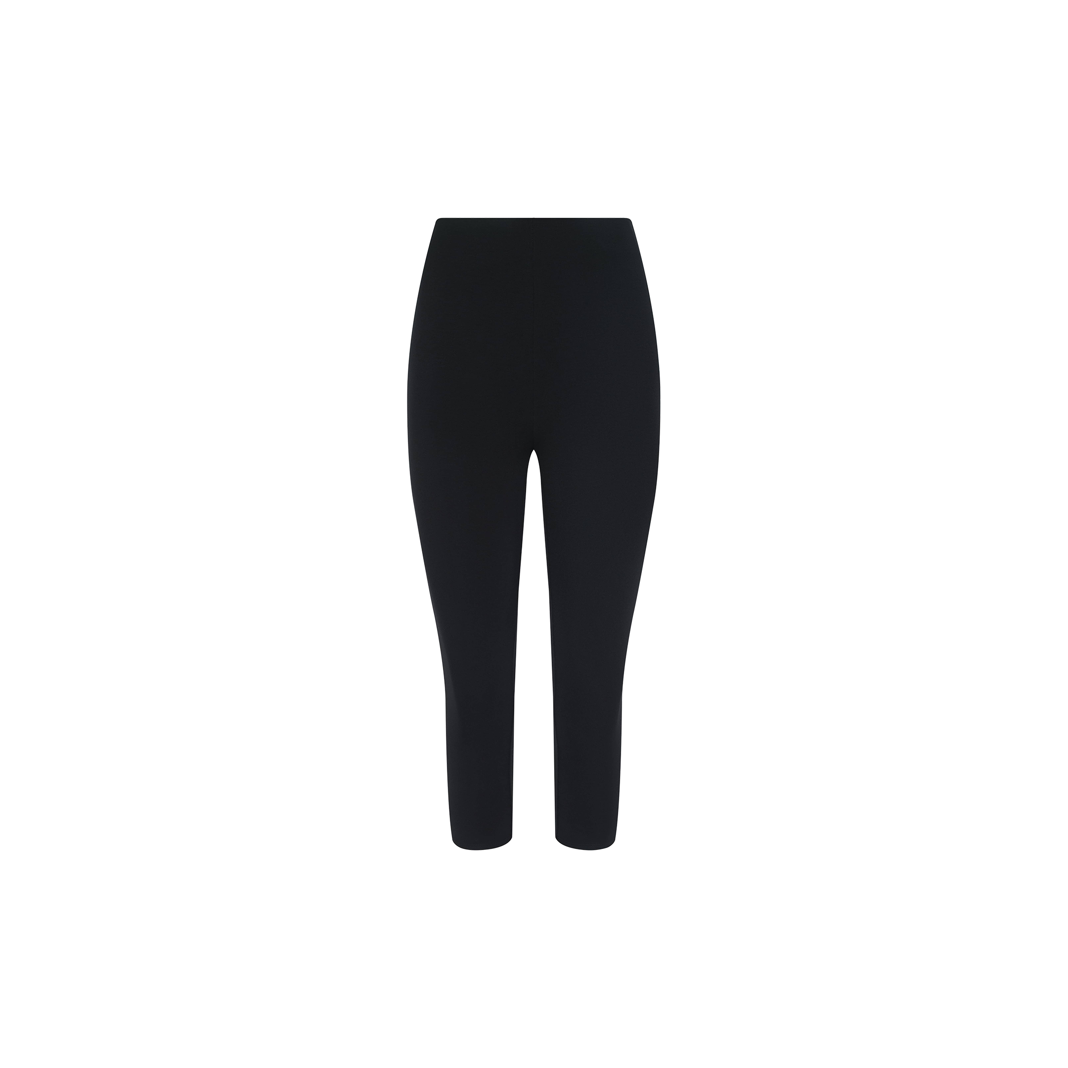 The Dee Capri Pant, shown on a plain white background, features black, high-waisted, ankle-length leggings crafted from stretch ponte fabric. These capris offer a flattering and form-fitting silhouette with no visible patterns or embellishments.