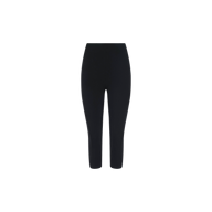 The Dee Capri Pant, shown on a plain white background, features black, high-waisted, ankle-length leggings crafted from stretch ponte fabric. These capris offer a flattering and form-fitting silhouette with no visible patterns or embellishments.