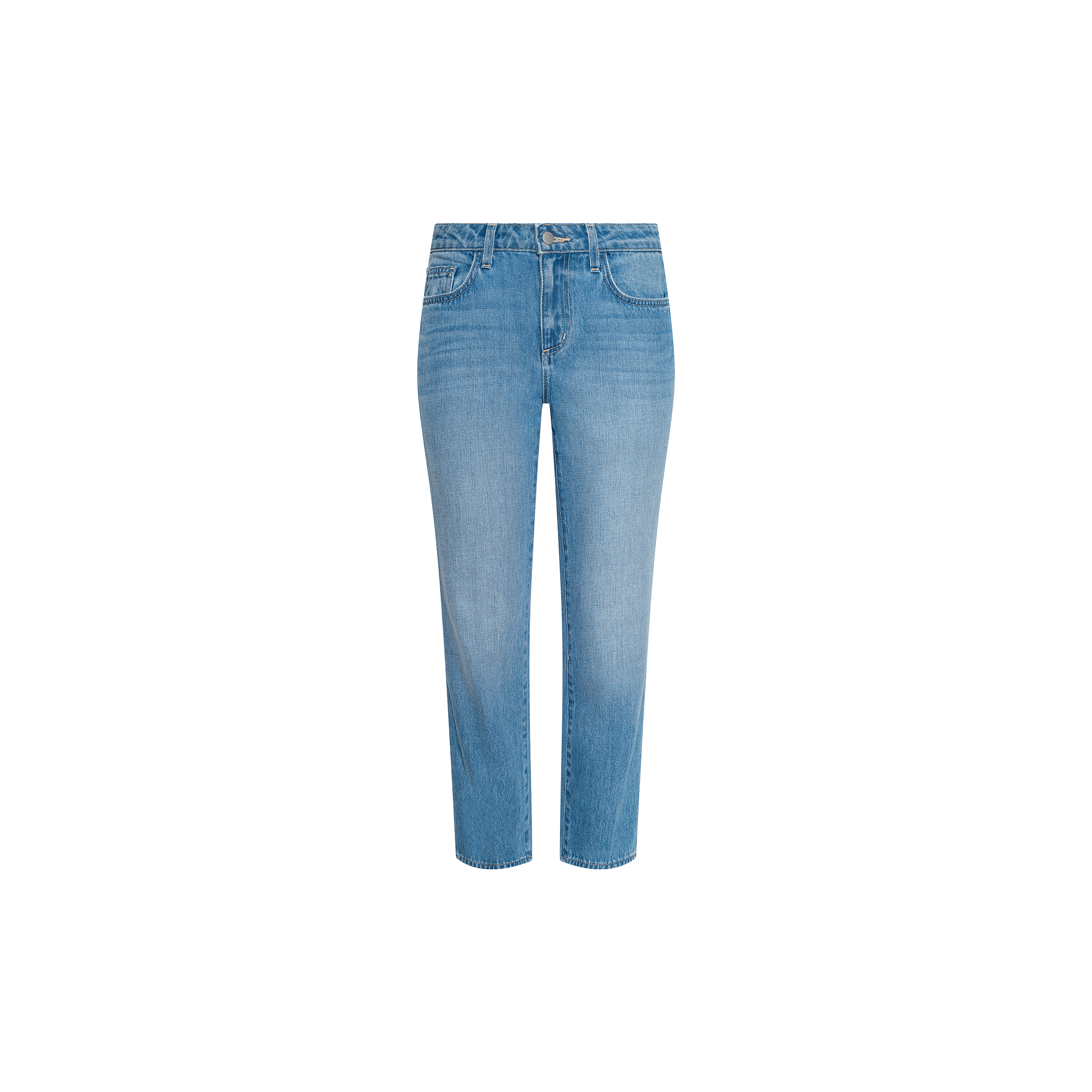 Thalina Cropped Stovepipe Jean in a light blue wash, featuring a classic five-pocket design, straight leg cut, and button waist, displayed against a plain white background.