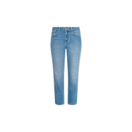 Thalina Cropped Stovepipe Jean in a light blue wash, featuring a classic five-pocket design, straight leg cut, and button waist, displayed against a plain white background.