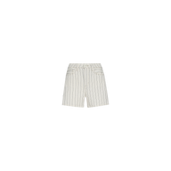 The Lissania Short is a high-rise beige short with thin vertical black pinstripes, featuring a front zipper, belt loops, and two front pockets that evoke the look of striped coastal pants, displayed against a plain white background.