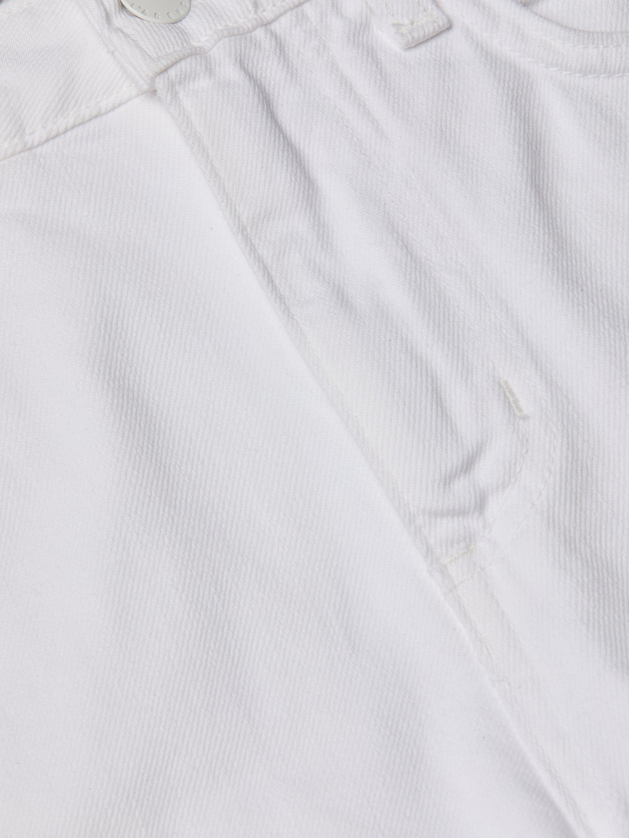 Close-up of the front of the Lissania Jean Short, featuring a high-rise waistband, metal button, pocket, and detailed stitching for a tailored silhouette.