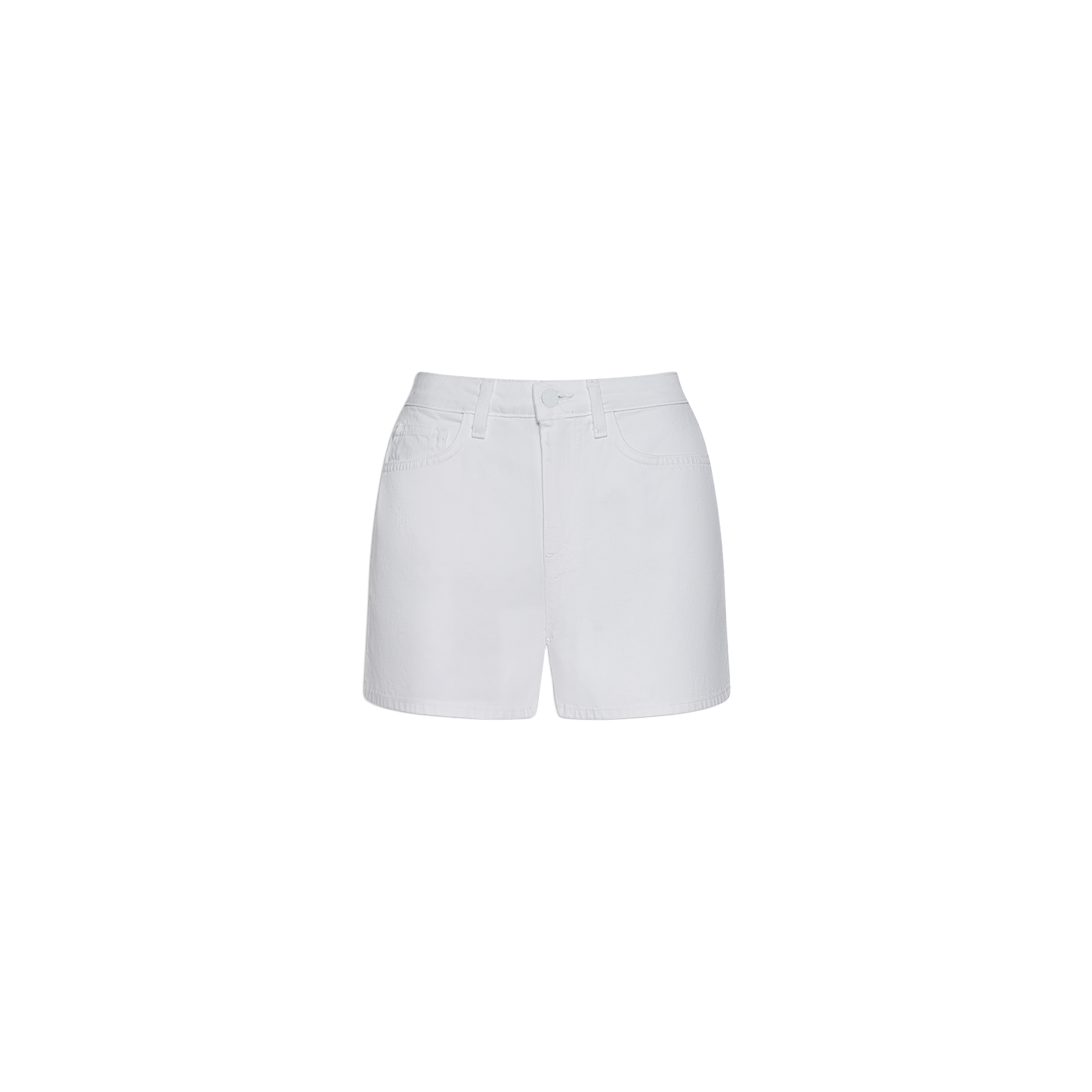 The Lissania Jean Short is a white, high-waisted denim short with a tailored silhouette, belt loops, front button and zip closure, and two side pockets, displayed against a plain white background.