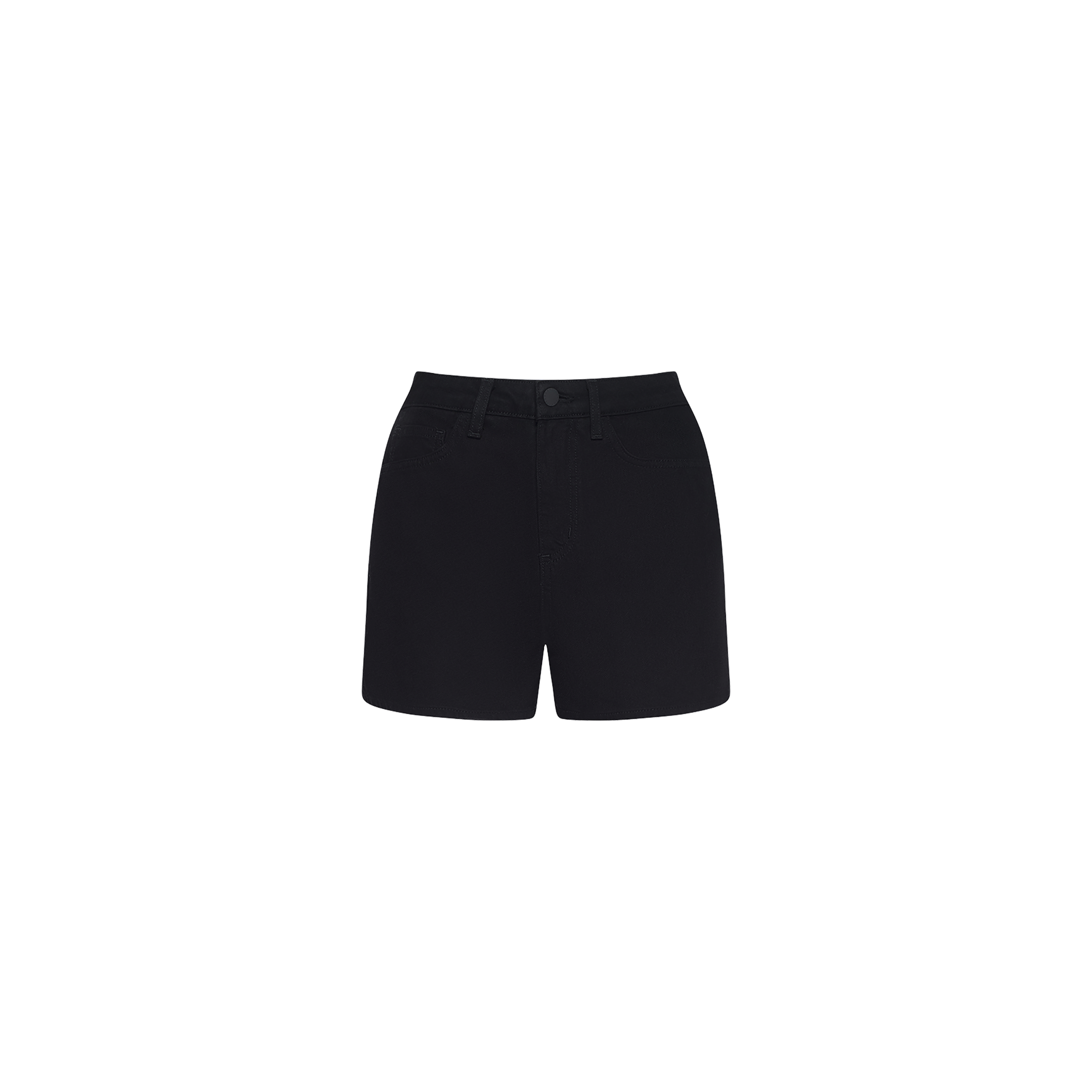 The Lissania Jean Short is a black high-waisted denim short showcasing a tailored silhouette with a front button and zipper closure, belt loops, and side pockets, displayed against a plain white background.