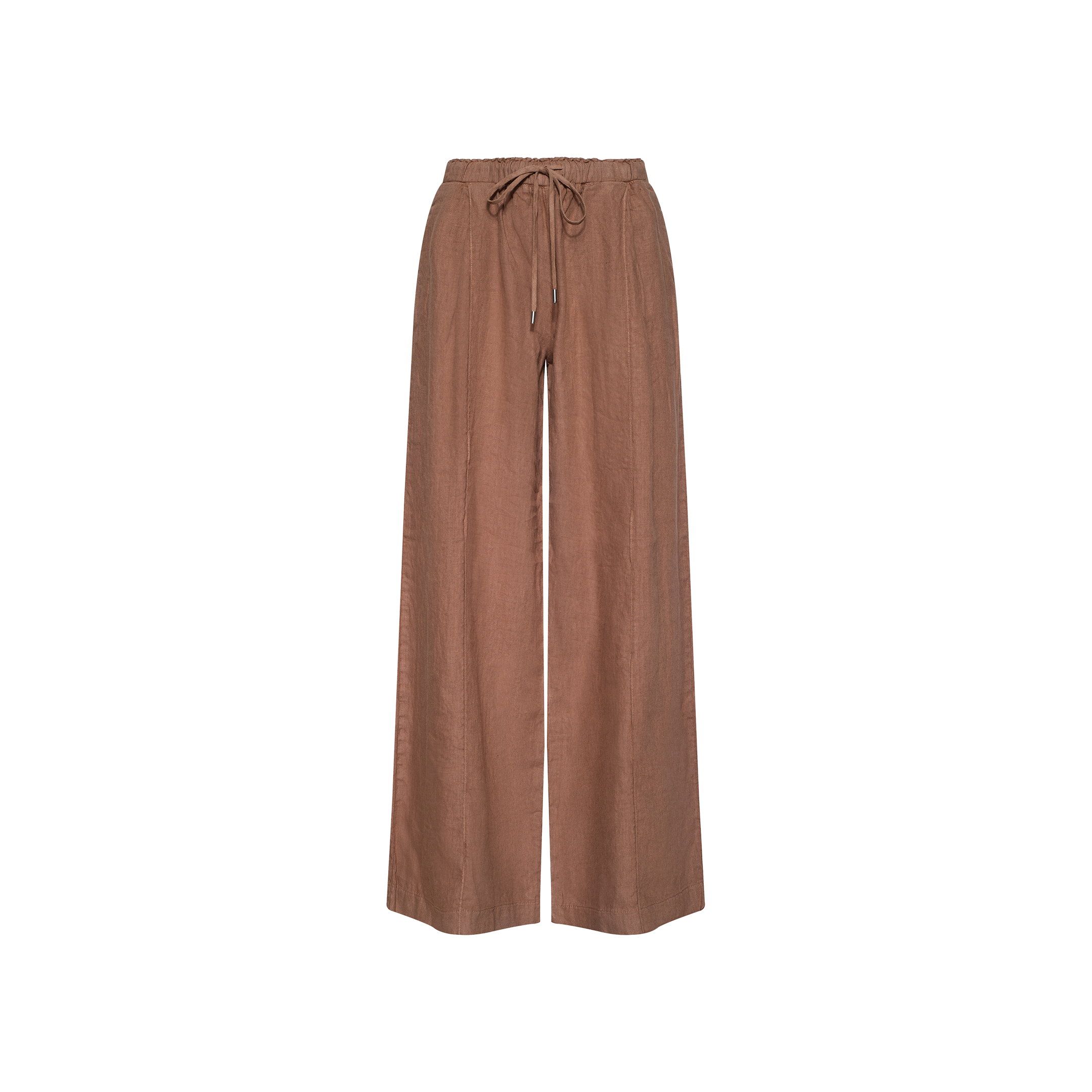 Connie Linen Drawstring Trouser in brown with a wide-leg silhouette and adjustable drawstring waistband, displayed on a plain white background.